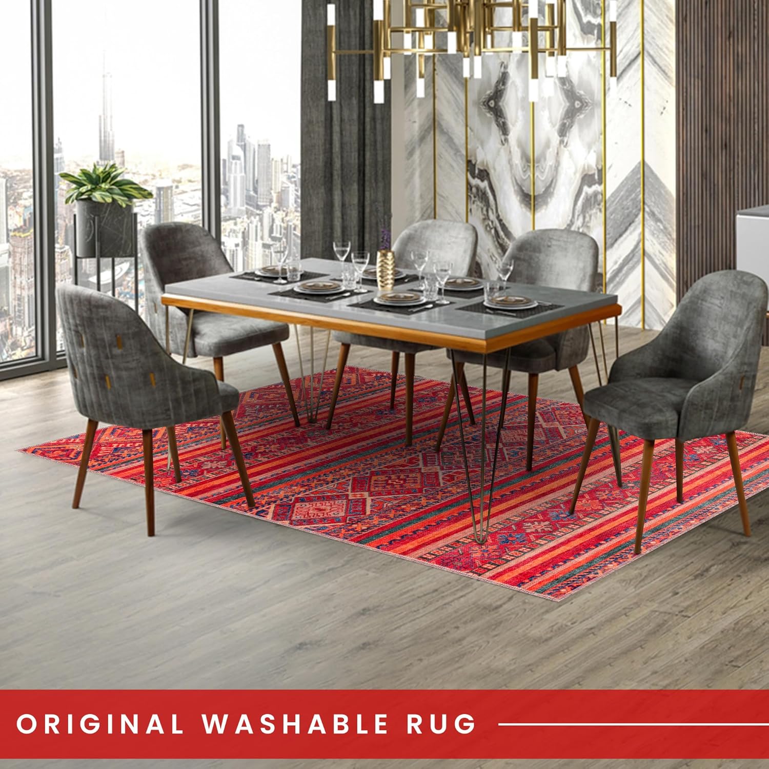 Netline Home Rugs Depot 1322K – Machine Washable Red Tribal Kilim Rug | Multicolor Geometric Striped Carpet for Living Room, Bedroom & Dining