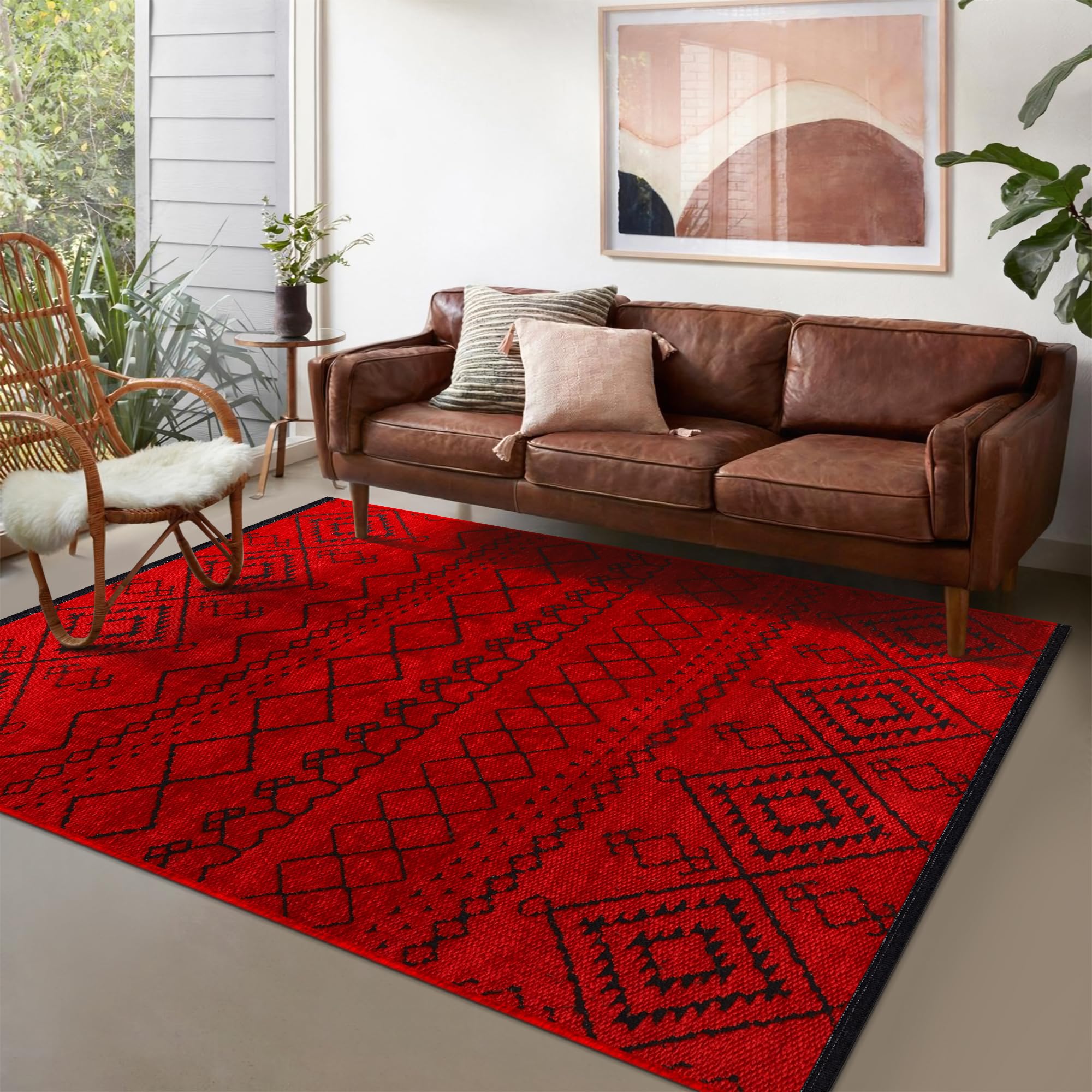 Rugs Living Room - Machine Washable Rug, Low Pile Non-Slip Area Rug - Area Rugs for Livingroom Bedroom Kitchen - Pet Friendly Carpet, Modern Room Decor (Red, 120X180)
