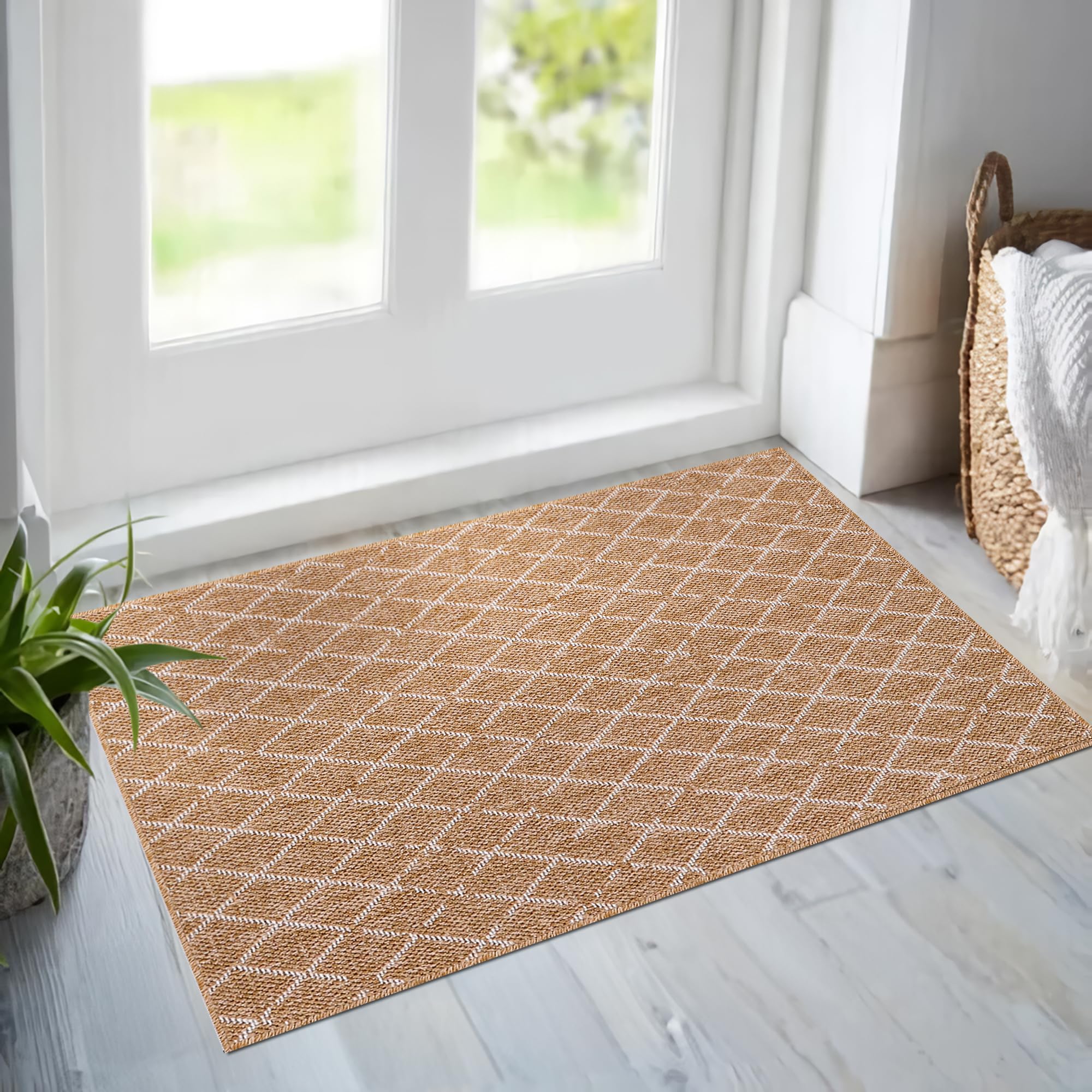 Rugs Living Room - Non slip, Washable Area Rug - Beige Rug, Suitable for Indoor and Outdoor Use, UV and Weather Resistant, Carpet for Bedroom, Kitchen, Verandas (Beige 4, 80X150 CM)