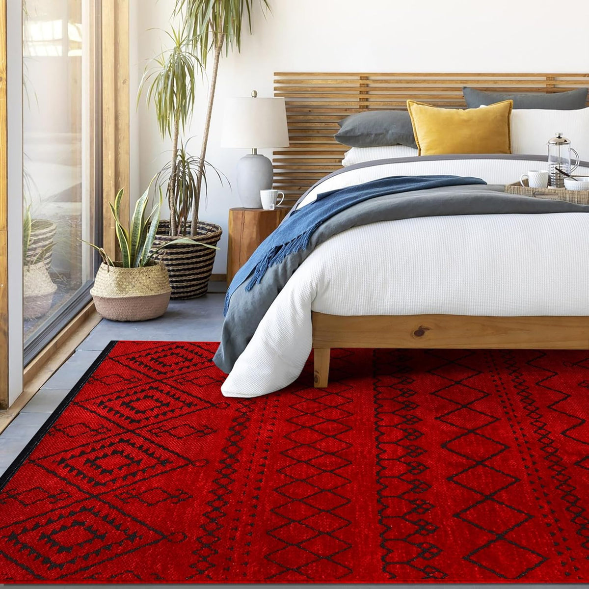 Red machine washable runner rug by Netline Home, low pile non-slip area rug for living room, bedroom, or kitchen, pet friendly decor