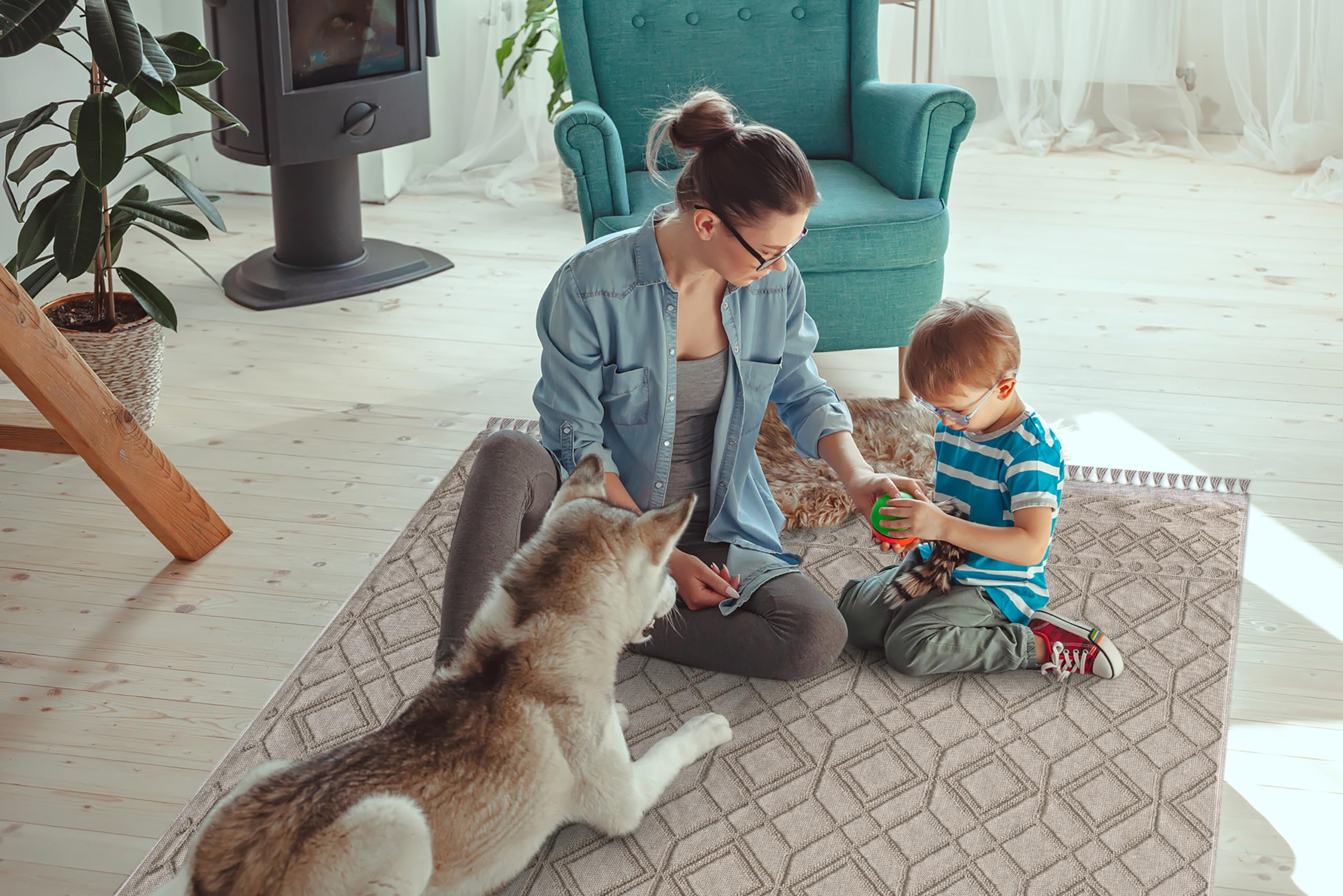 NETLINE HOME Machine Washable Area Rugs For Kitchen, Bedroom, Dining Room and Living Room | Kid Pet Friendly Rug | 100% Cotton | Low Pile | Non Slip (Beige, 160X230 CM)