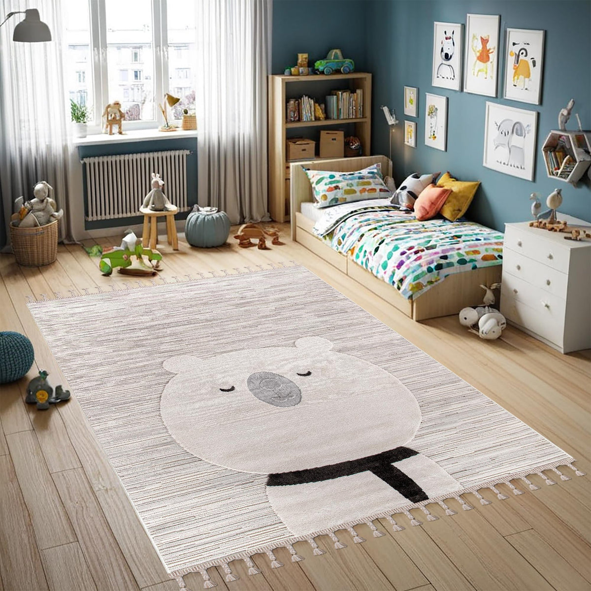 Soft gray kids rug with playful cartoon designs, ideal for children's rooms, nurseries, and playrooms; durable and hypoallergenic.