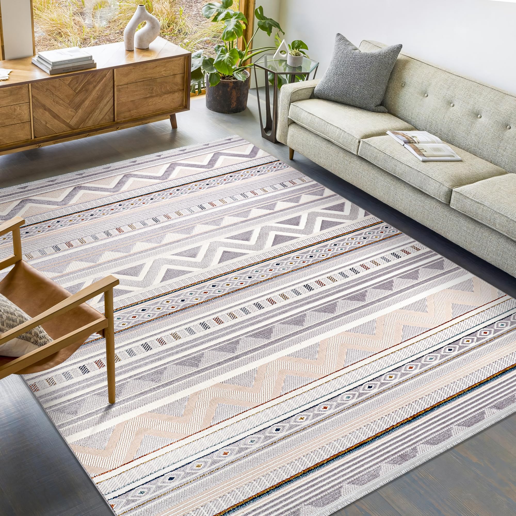 Area Rug for Living Room, Bedroom, Kitchen & Hallway – Low Pile Carpet – Bohemian, Contemporary, Scandinavian Style – Soft & Durable Beige, Gray, Blue Ivory Rug (BEIGE - BLUE, 200X290)