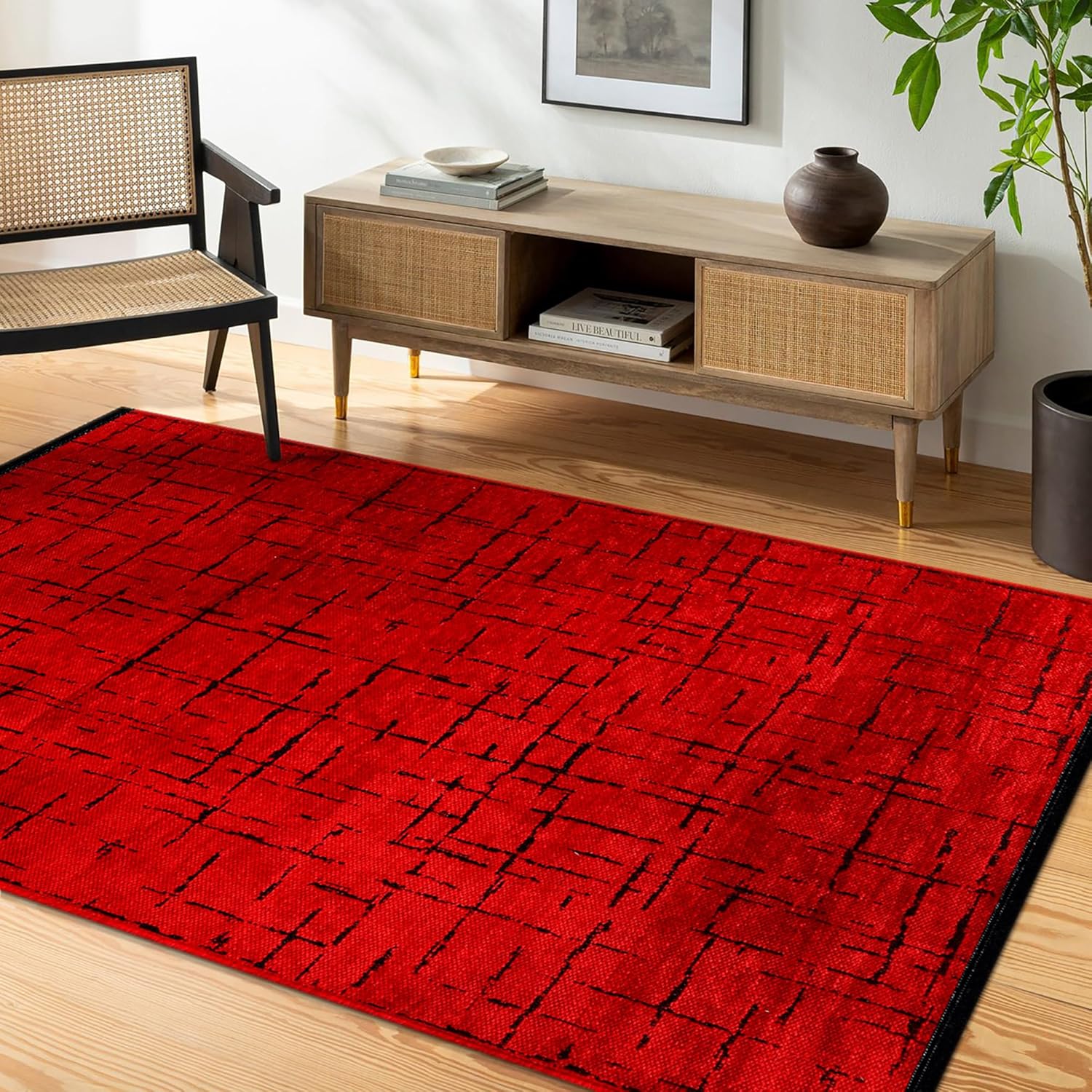 Rugs Living Room - Machine Washable Rug, Low Pile Non-Slip Area Rug - Area Rugs for Bedroom, Kitchen, Hallway - Pet Friendly Carpet, Modern Room Decor (RED, 120X180)