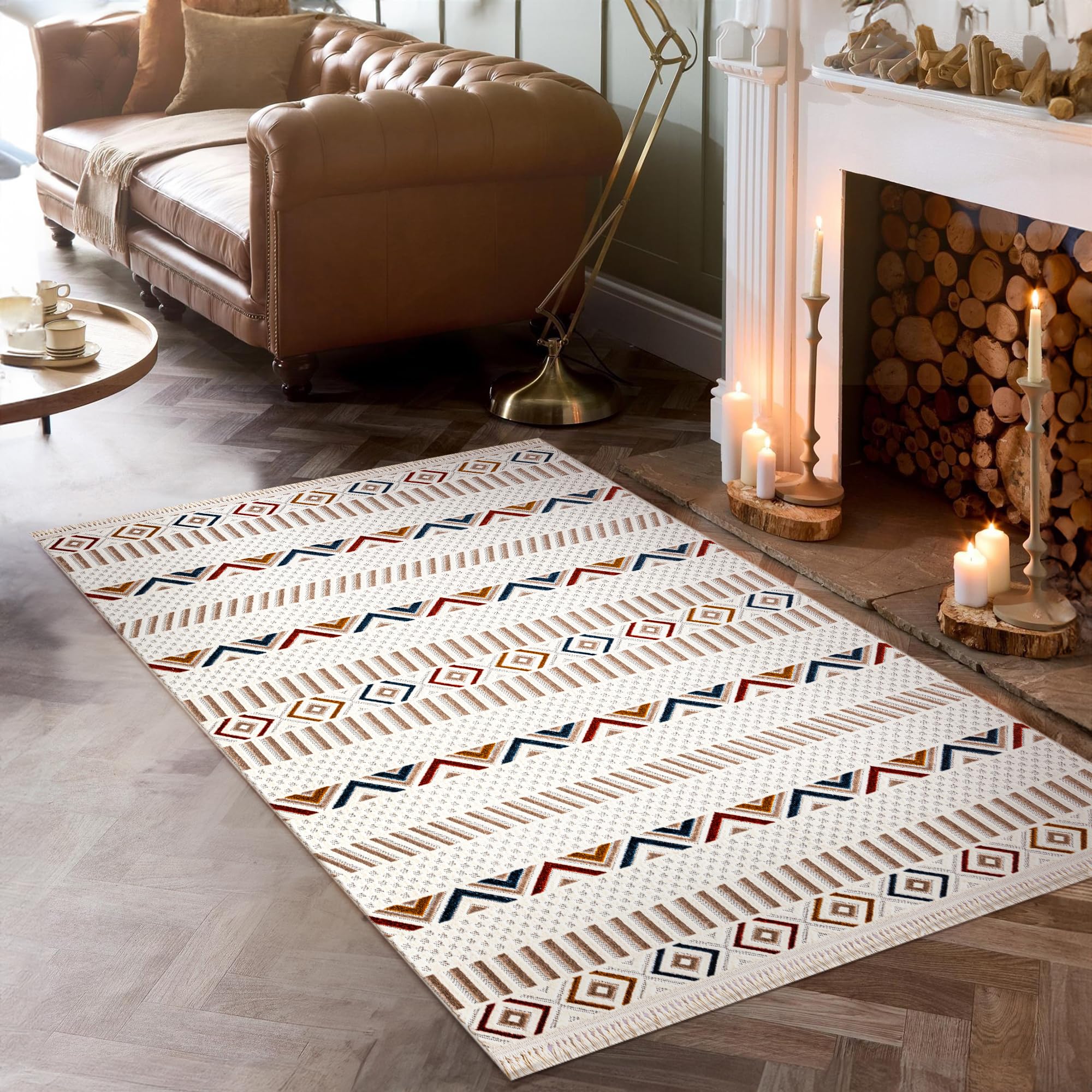 Area Rug for Living Room, Bedroom & Hallway – Soft & Durable Low Pile Area Rugs – Bohemian, Aztec & Boho Style – Pet & Kid-Friendly, Ideal for High-Traffic Areas (BEIGE, 120X180)