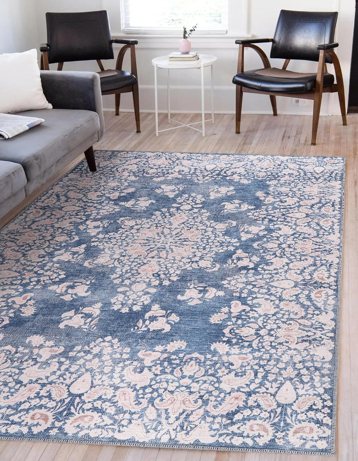 Blue vintage runner rug by Netline Home, machine washable, non-slip low pile carpet for living room, bedroom, or kitchen.