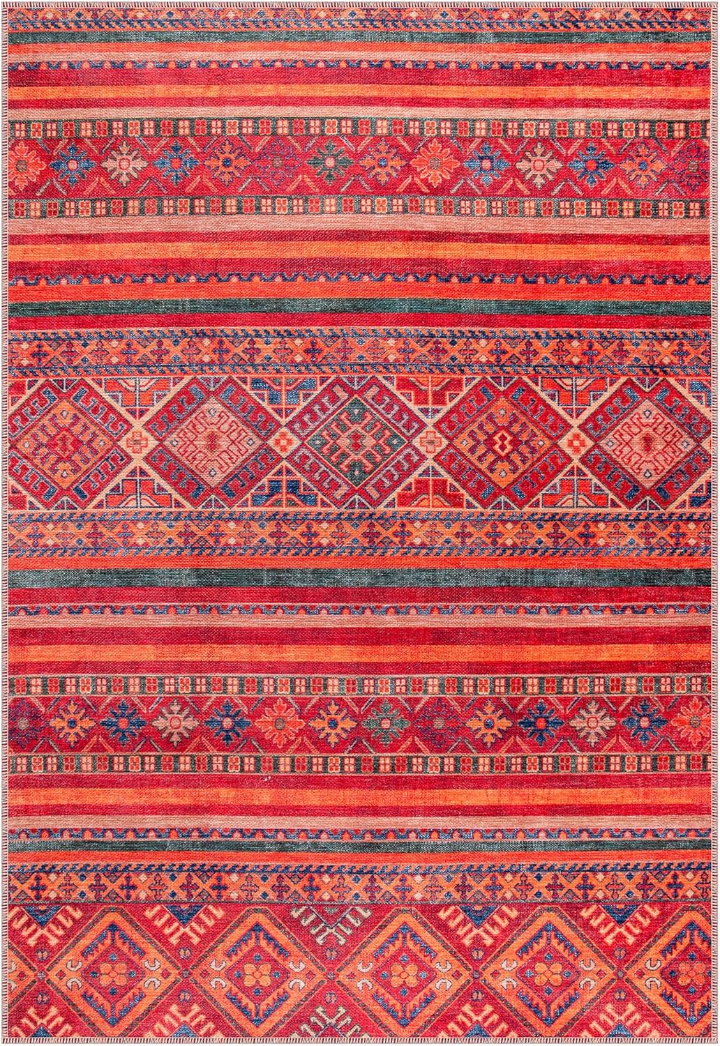 Washable Area Rugs for Living Room Traditional Flatweave Rug Non Slip Kitchen Rug - Decorative Floor Mats Low Pile Vintage Rugs Boho Design Foldable Hallway Carpets for Bedroom - Red