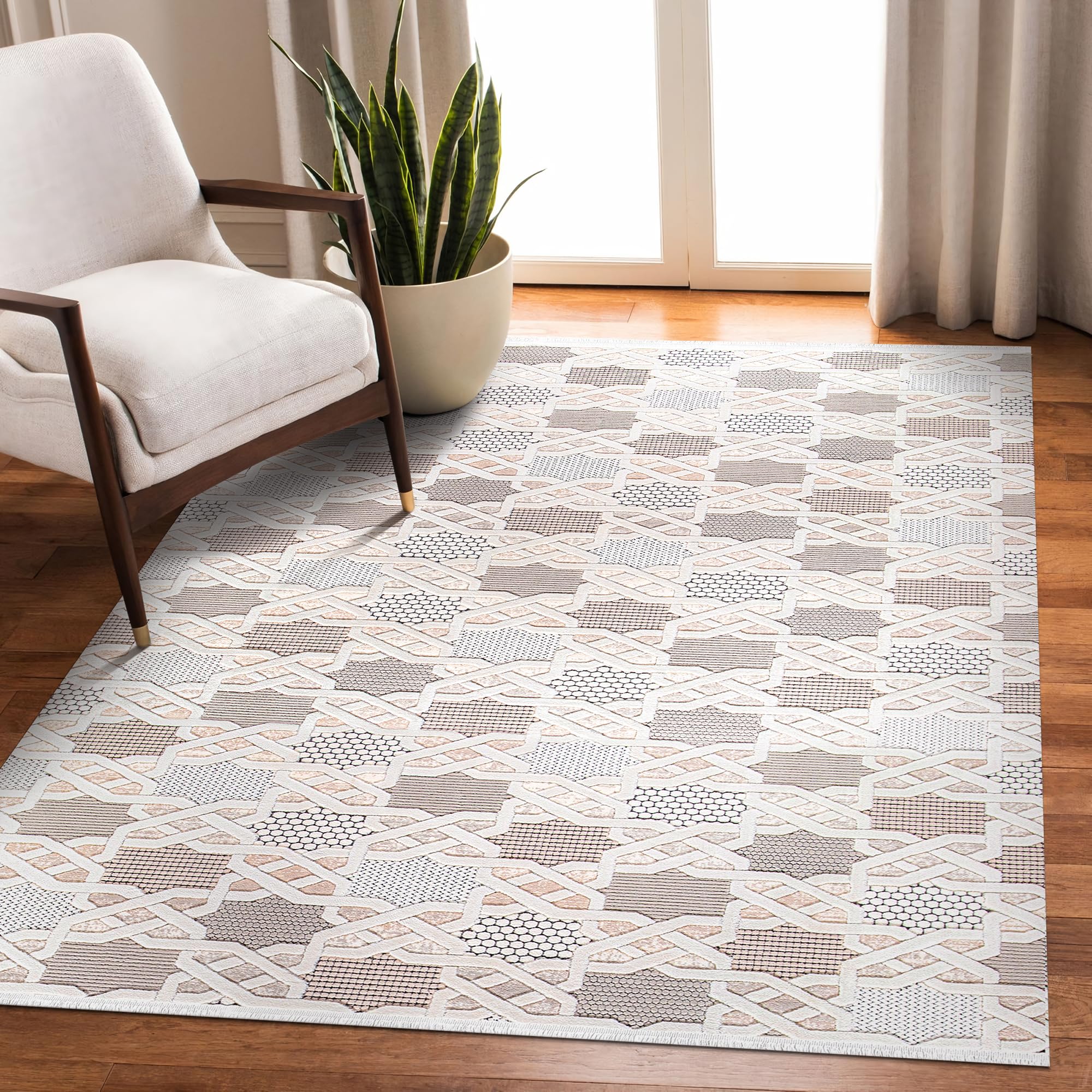 Area Rug for Living Room – Soft & Durable Carpet for Bedroom, Kitchen & Hallway – Easy to Clean, Pet & Kid Friendly Geometric Beige & Cream Rug (CREAM 2, 160X230)