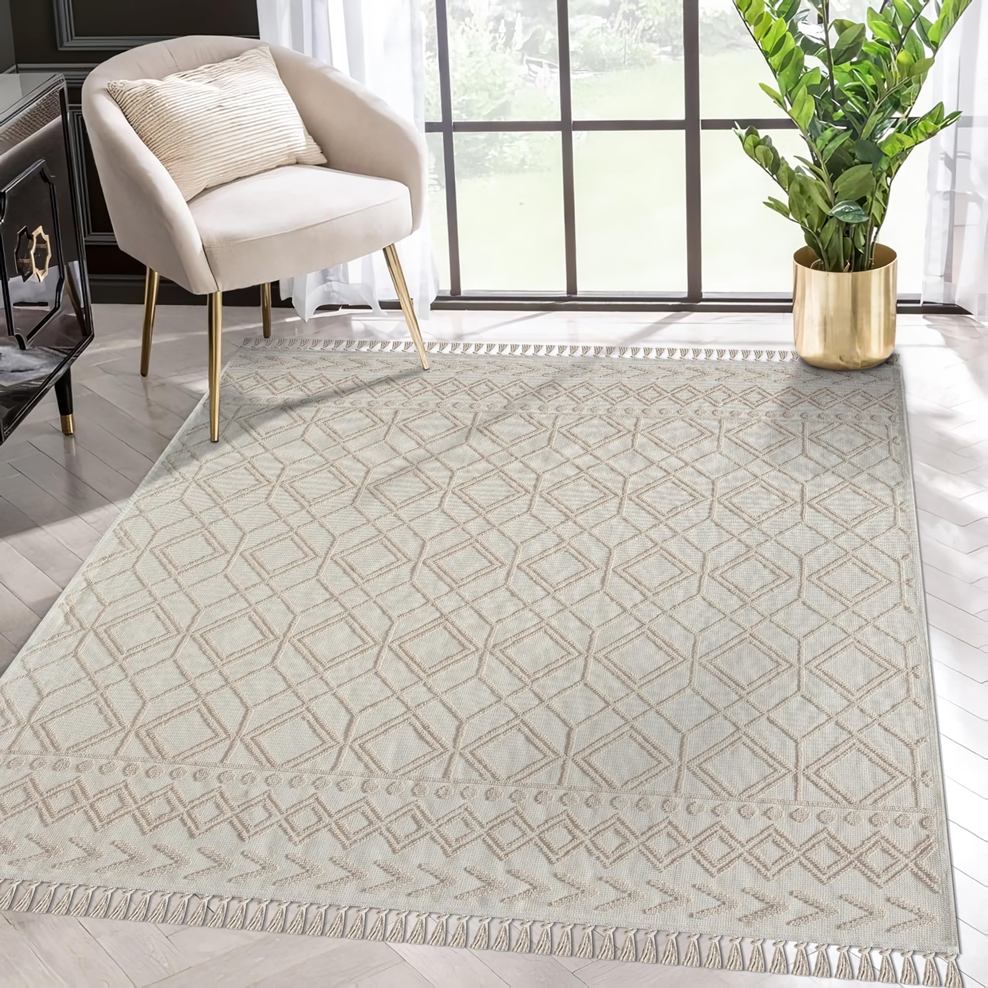 NETLINE HOME Machine Washable Area Rugs For Kitchen, Bedroom, Dining Room and Living Room | Kid Pet Friendly Rug | 100% Cotton | Low Pile | Non Slip (Beige, 160X230 CM)