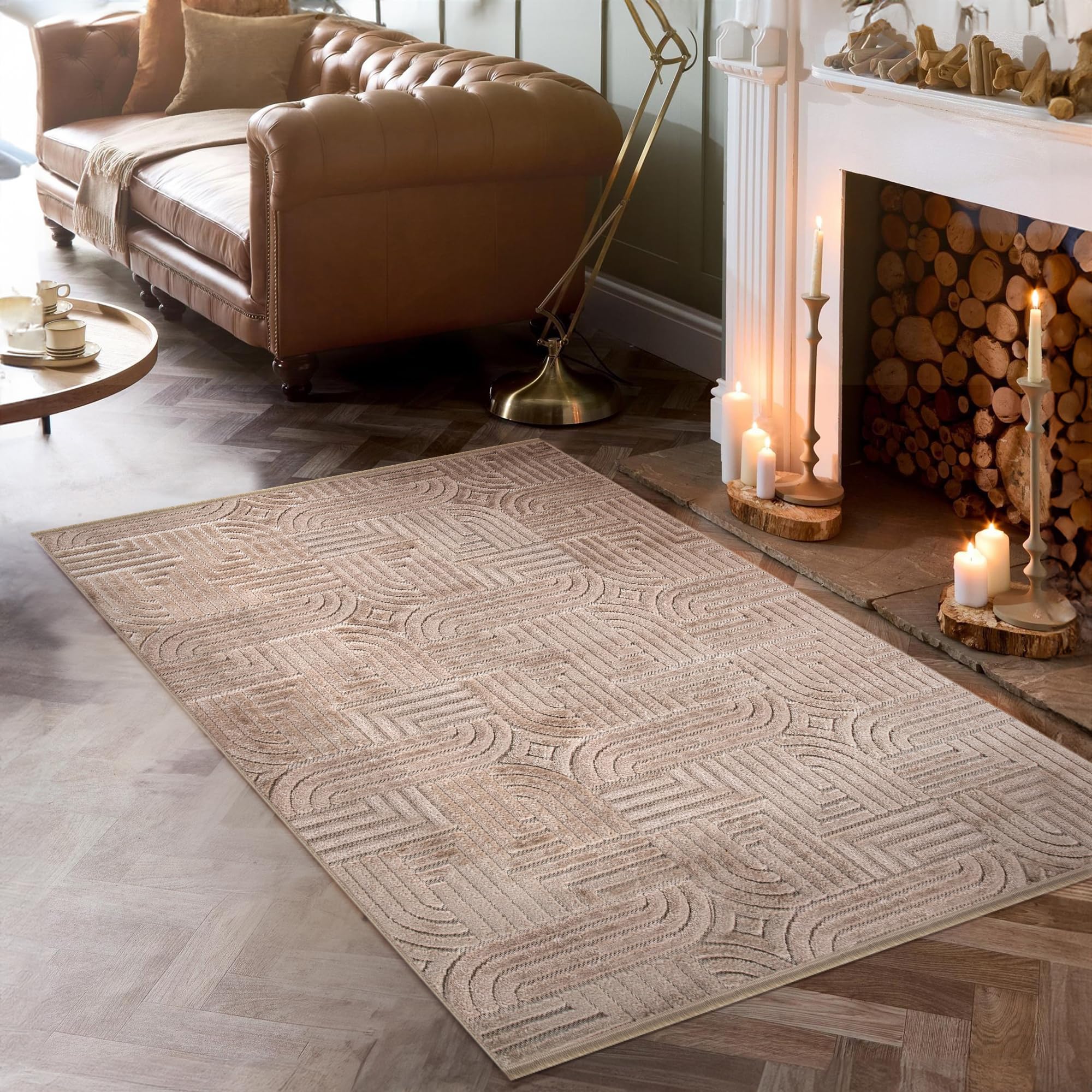 Area Rug for Living Room – Modern Textured Polypropylene Carpet | Non-Shedding, Medium Pile Geometric Rug for Bedroom, Dining Room & Home Decor (TAUPE, 120X180)