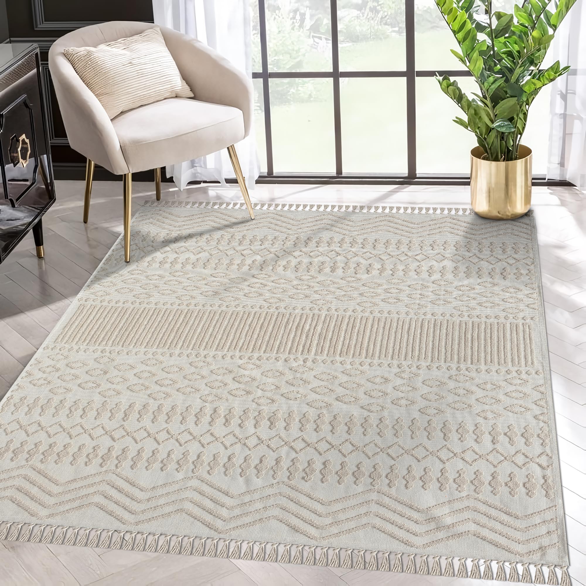 NETLINE HOME Machine Washable Area Rugs For Kitchen, Bedroom, Dining Room and Living Room | Kid Pet Friendly Rug | 100% Cotton | Low Pile | Non Slip (Beige, 160X230 CM)