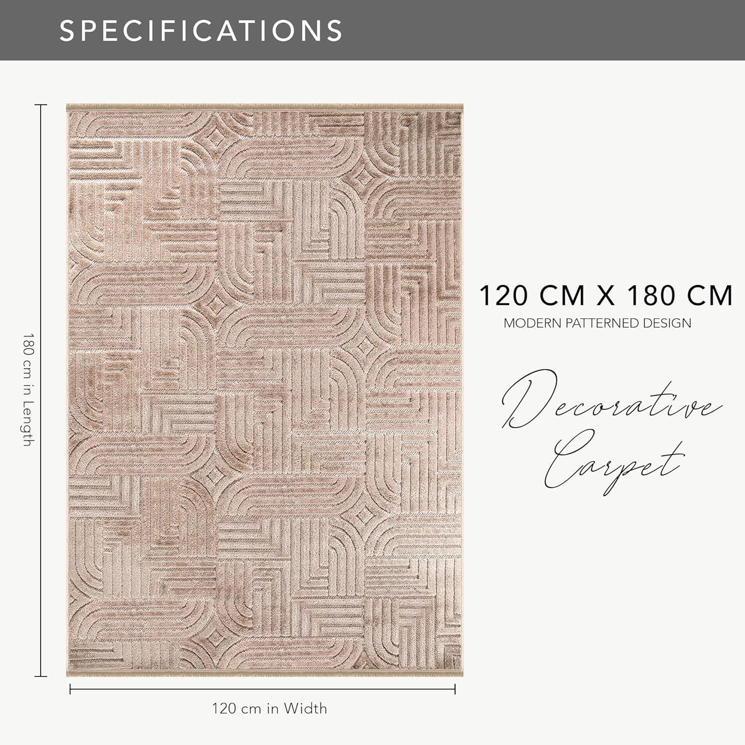 Area Rug for Living Room – Modern Textured Polypropylene Carpet | Non-Shedding, Medium Pile Geometric Rug for Bedroom, Dining Room & Home Decor (TAUPE, 120X180)