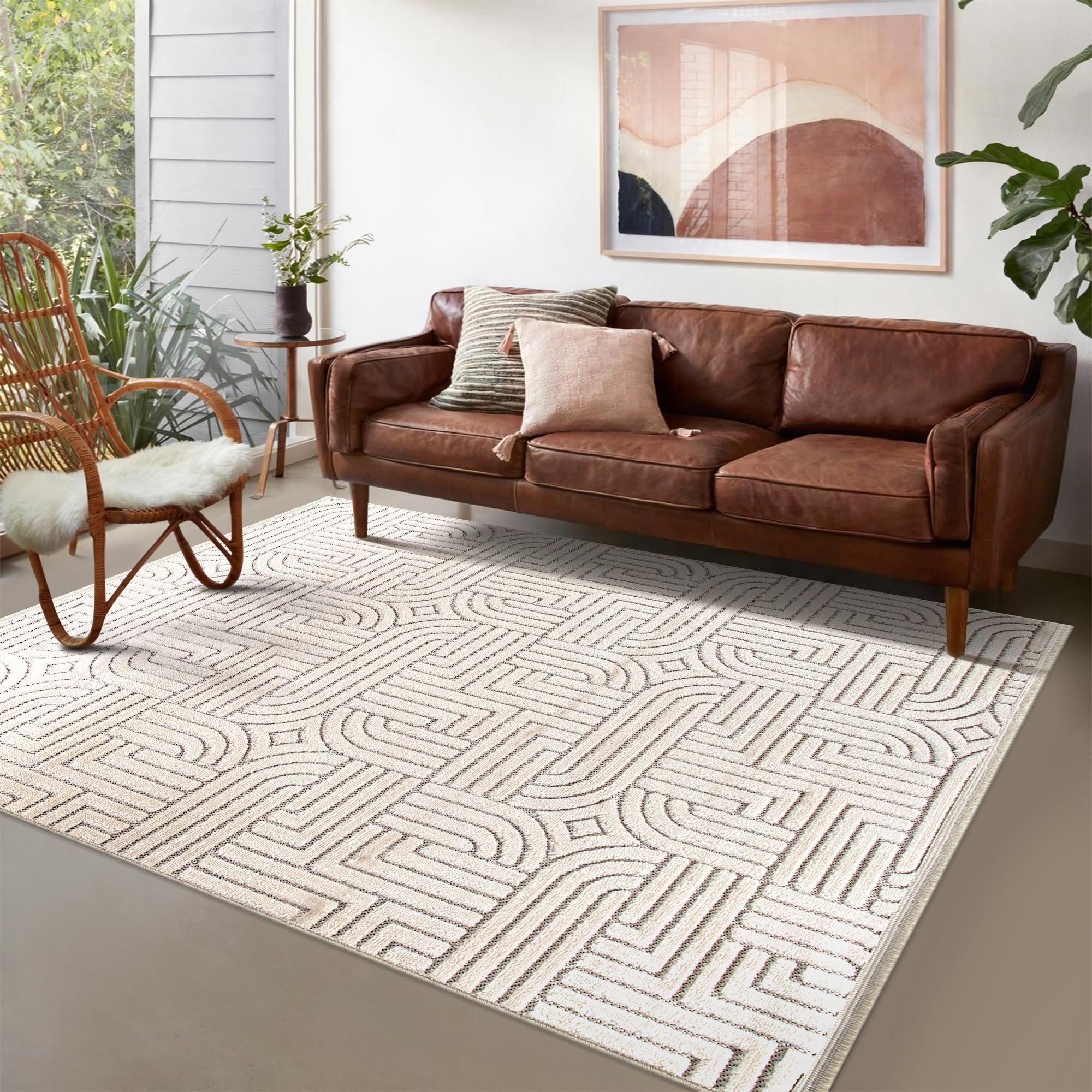 Area Rug for Living Room – Modern Textured Polypropylene Carpet | Non-Shedding, Medium Pile Geometric Rug for Bedroom, Dining Room & Home Decor (TAUPE, 120X180)