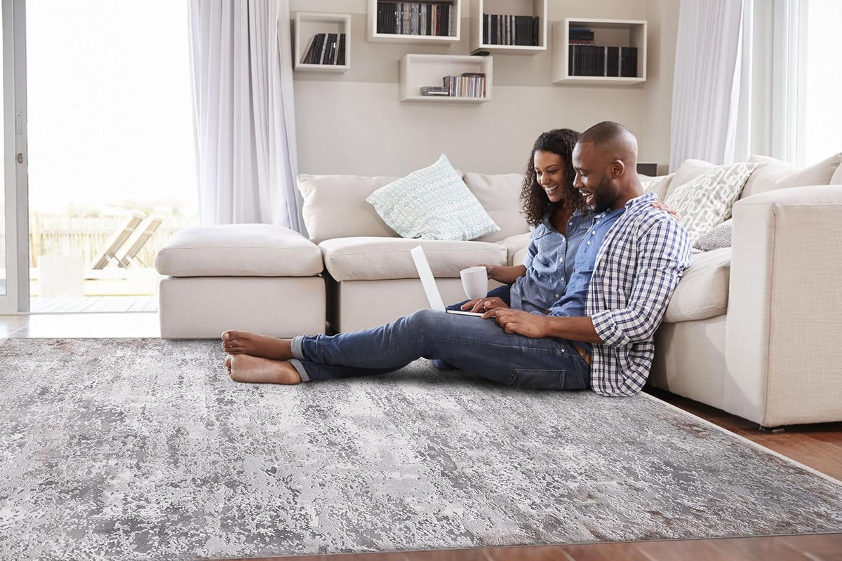 Luxury Ash Gray runner rug by Netline Home with geometric distressed design, 8mm pile, high-density Wilton weave, ideal for living rooms.