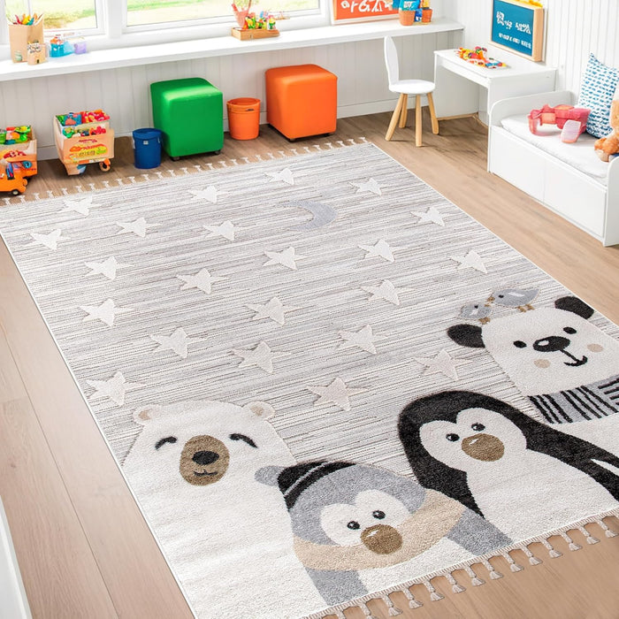 Kids Rug – Soft & Playful Area Rug for Children's Room, Nursery & Playroom – Non-Shedding, Hypoallergenic, Pet-Friendly & Durable – Cute Cartoon Designs for Kids (SOFT GREY, 200X290) shown in an illustrative room