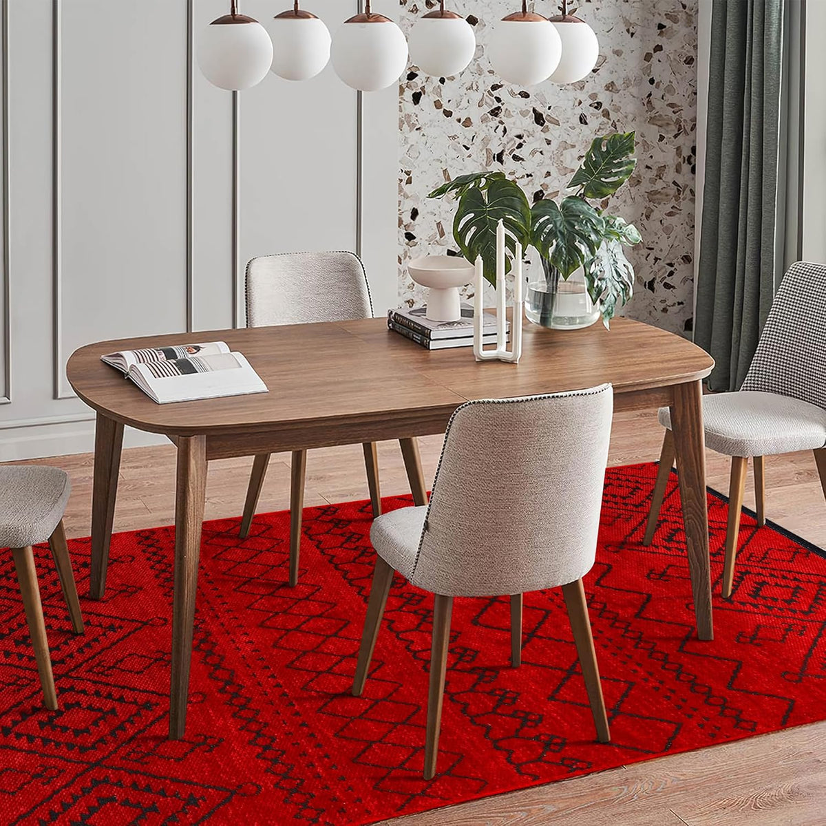 Red machine washable runner rug from Netline Home featuring a low pile, non-slip backing, perfect for living room, bedroom, or kitchen.