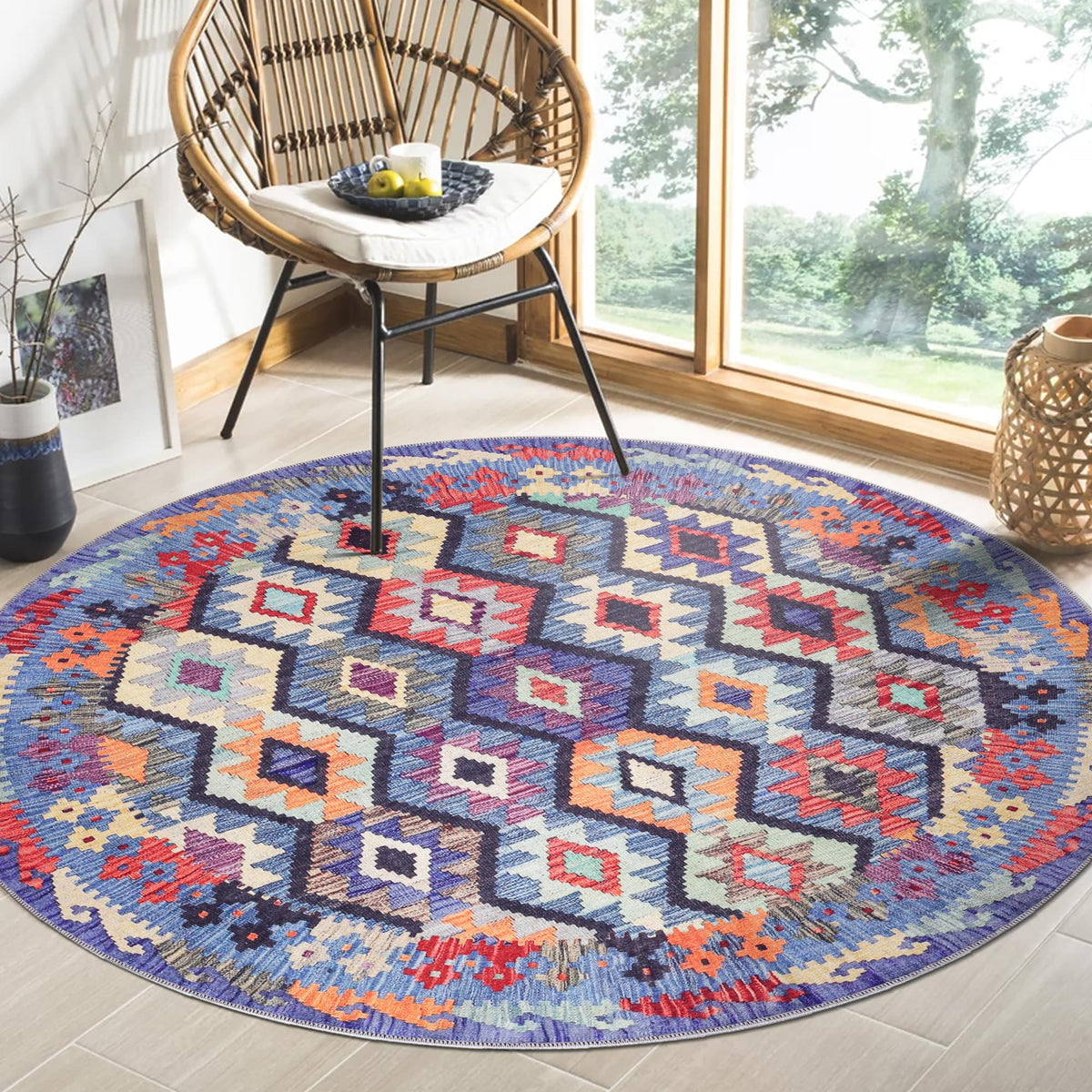 Multicolour Netline Home washable boho-style runner rug with traditional flatweave design, non-slip backing for living room or hallway.