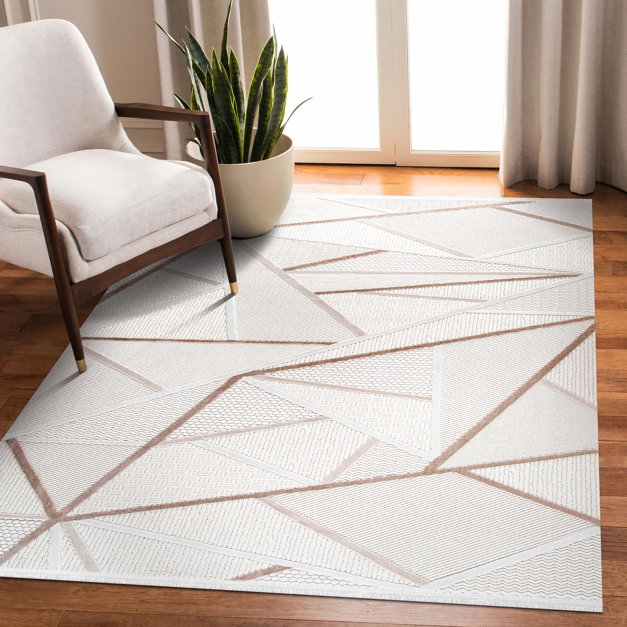 Area Rug for Living Room – Soft & Durable Carpet for Bedroom, Kitchen & Hallway – Easy to Clean, Pet & Kid Friendly Geometric Beige & Cream Rug (CREAM 2, 160X230)