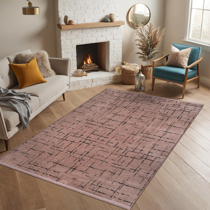 Red Modern Chenille Low Pile Washable Rug shown in an illustrative room