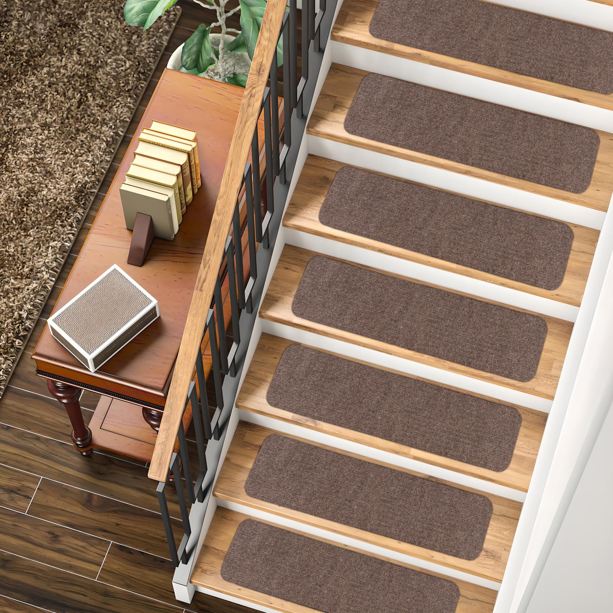 Non-Slip Carpet Stair Treads (7 Pack) - Easy Installation - Safety Protection Anti-Skid Rug Pads for Kids and Pets - Self-Adhesive Step Mats for Stairs – 20 x 76 cm (7, BROWN)