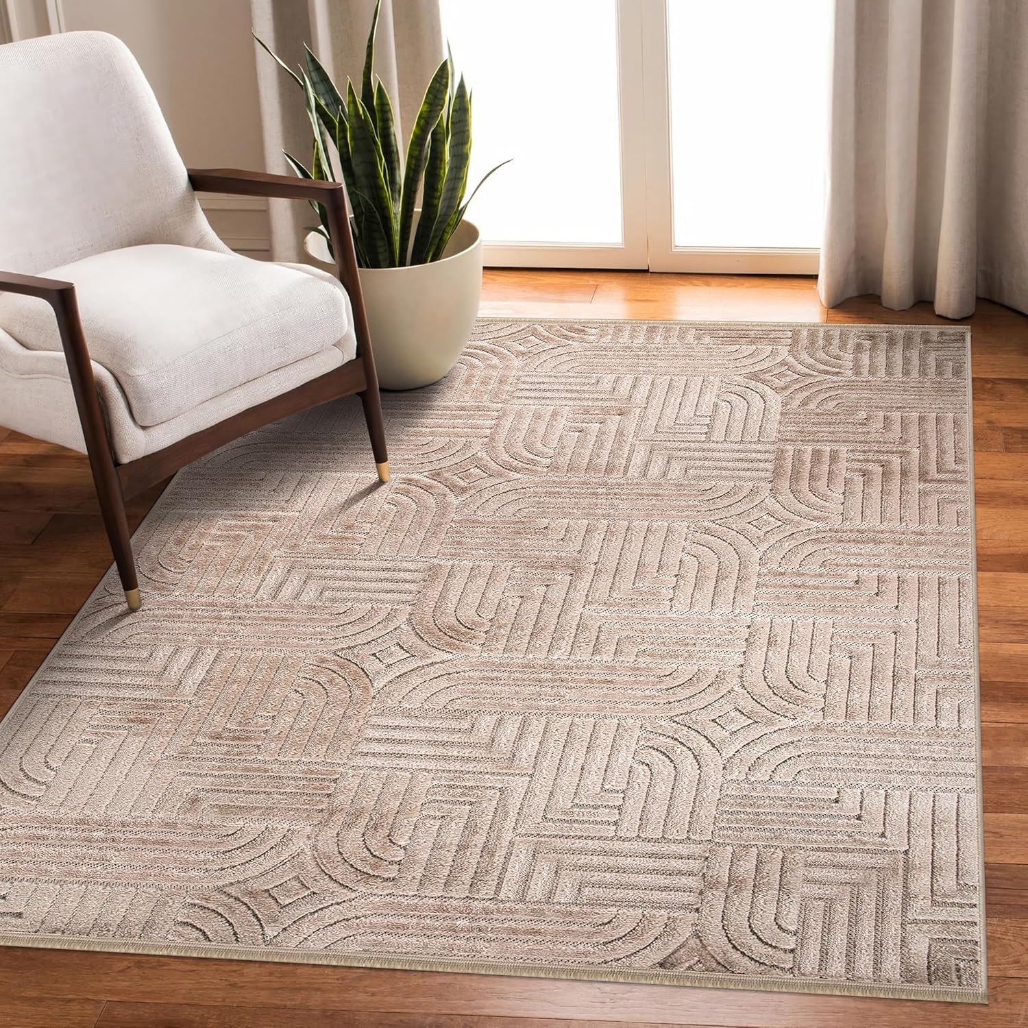 Modern textured polypropylene area rug by Netline Home with geometric design, taupe color, medium pile, ideal for living room or bedroom.