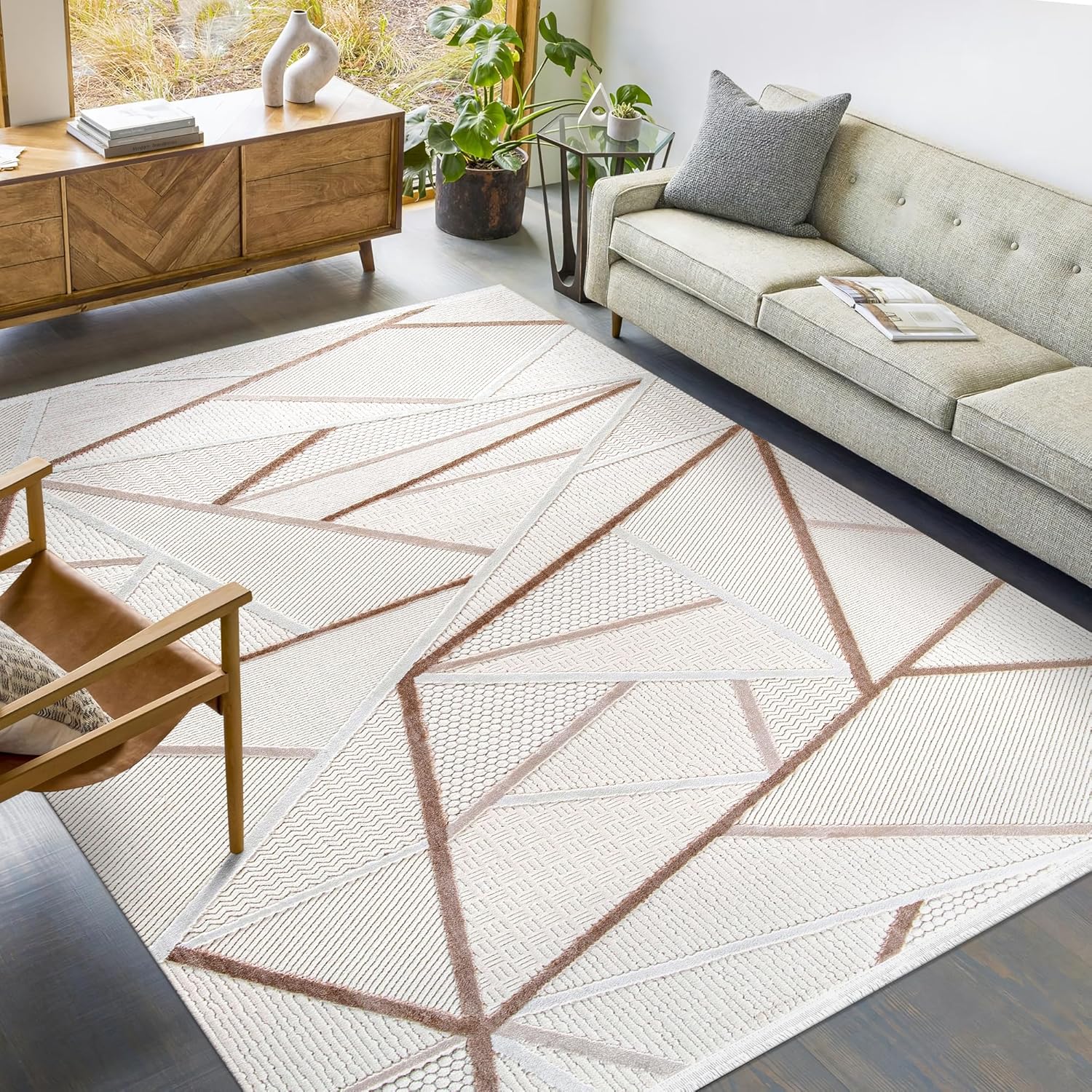 Area Rug for Living Room – Soft & Durable Carpet for Bedroom, Kitchen & Hallway – Easy to Clean, Pet & Kid Friendly Geometric Beige & Cream Rug (CREAM 2, 160X230)