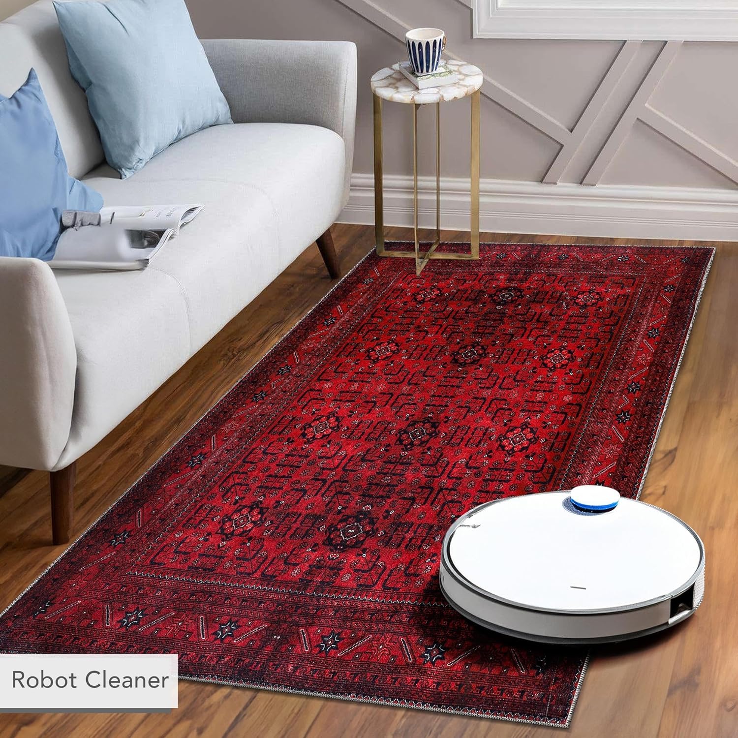 Rugs Living Room - Washable Rug - Area Rug - Non-Slip Rugs Carpet Woven from Cotton - Vintage Rug for Living Room Bedroom Kitchen - Kid and Pet Friendly (RED RUG, 80X150 CM)