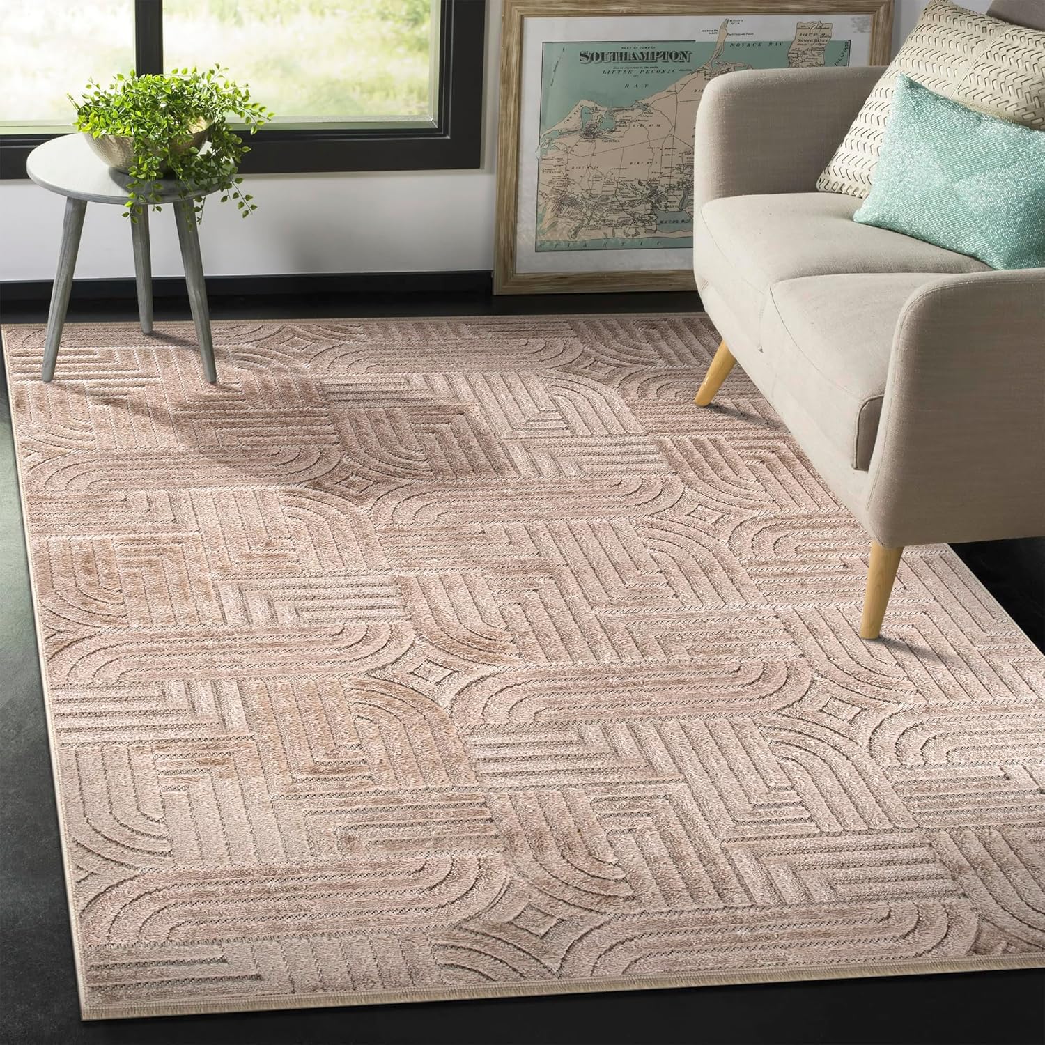 Modern textured polypropylene area rug by Netline Home, 120x180 cm taupe geometric design for living room or bedroom decor.