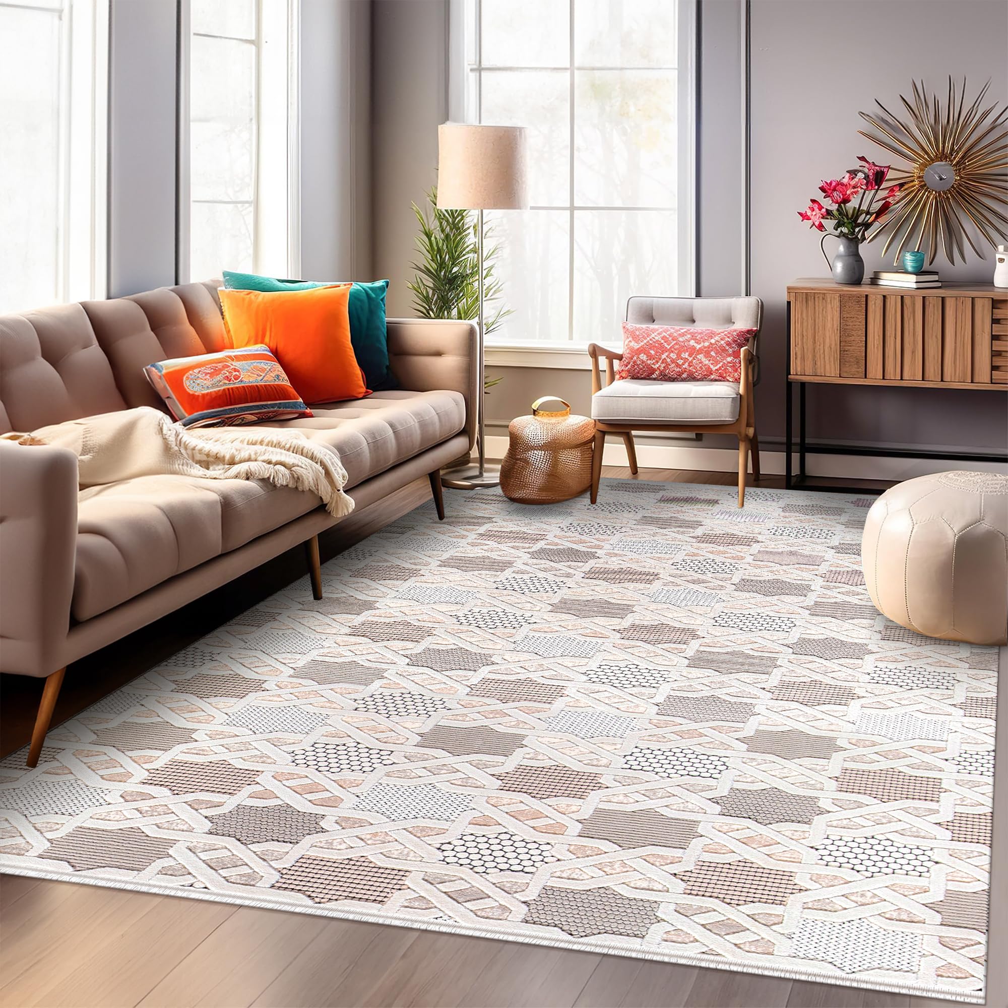 Area Rug for Living Room – Soft & Durable Carpet for Bedroom, Kitchen & Hallway – Easy to Clean, Pet & Kid Friendly Geometric Beige & Cream Rug (CREAM 2, 160X230)