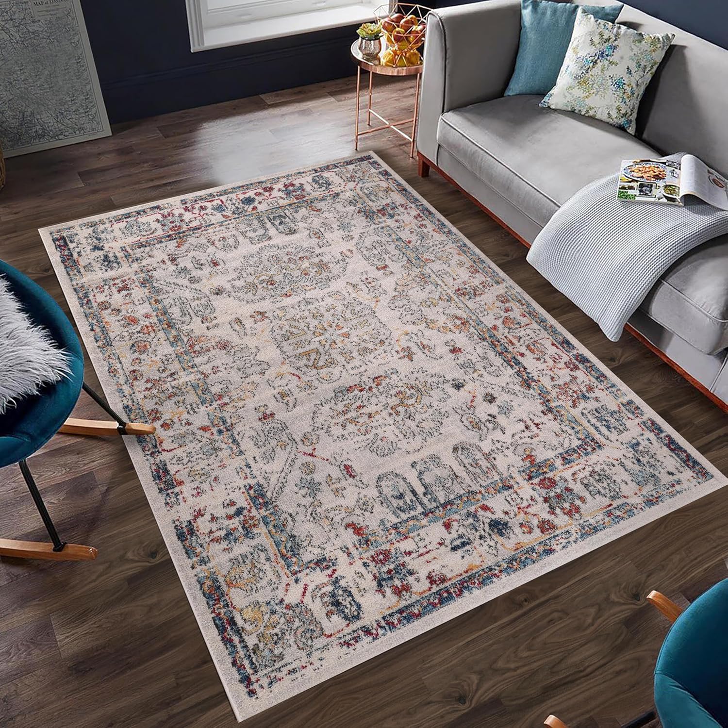 Vintage Area Rug for Living Room | Soft & Durable Carpet, Kid & Pet Friendly | Wilton Woven, Classic Distressed Medallion Design for Bedroom, Hallway & Kitchen (BEIGE, 80X150)