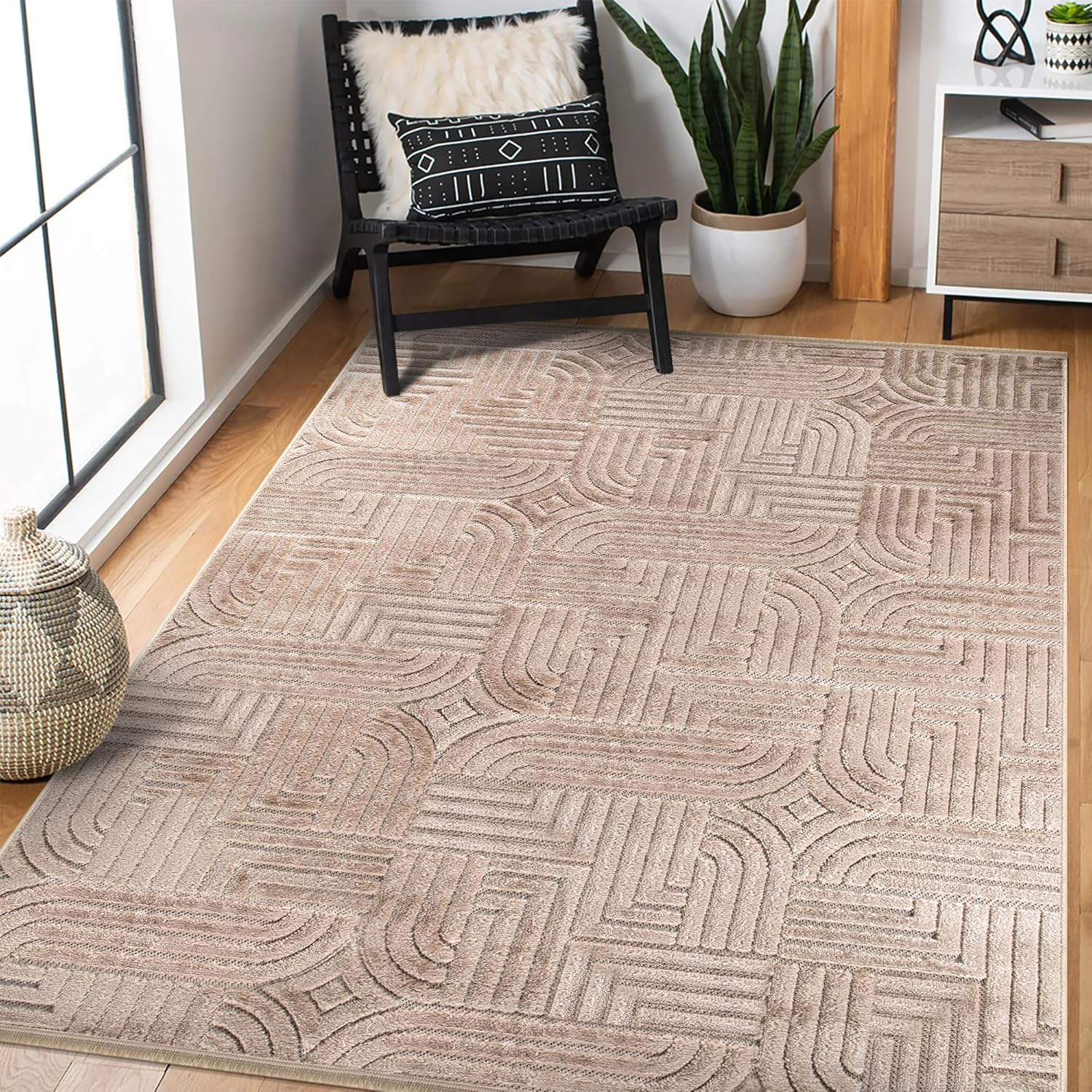 Modern textured polypropylene area rug by Netline Home, taupe geometric design, medium pile, ideal for living room, bedroom, or dining area.
