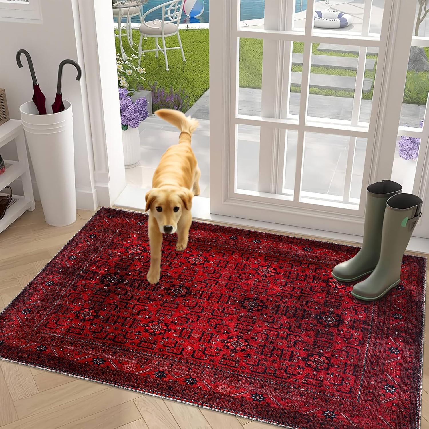 Rugs Living Room - Washable Rug - Area Rug - Non-Slip Rugs Carpet Woven from Cotton - Vintage Rug for Living Room Bedroom Kitchen - Kid and Pet Friendly (RED RUG, 80X150 CM)