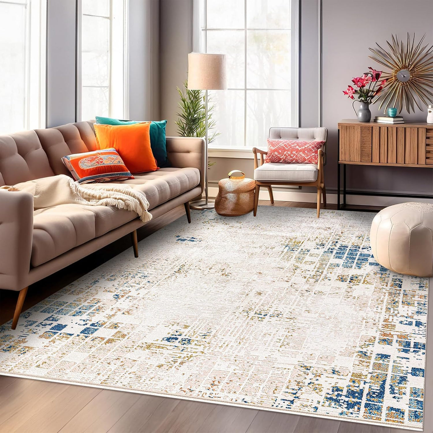 Beige and blue bohemian style area rug for living room, bedroom, or hallway, with soft, durable low pile carpet from Netline Home.