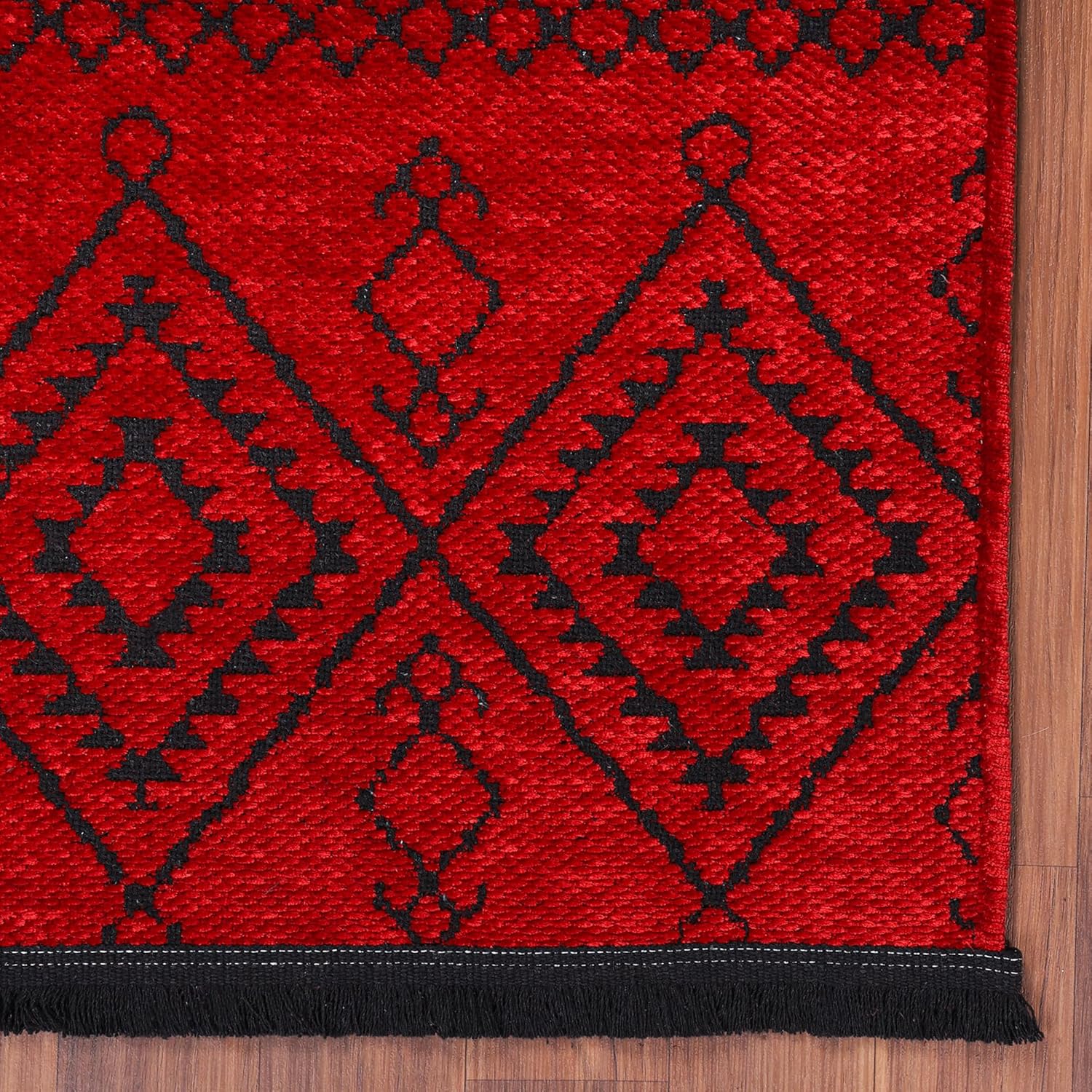 Red machine washable runner rug by Netline Home, low pile, non-slip, pet-friendly area rug for living room, bedroom, and kitchen.
