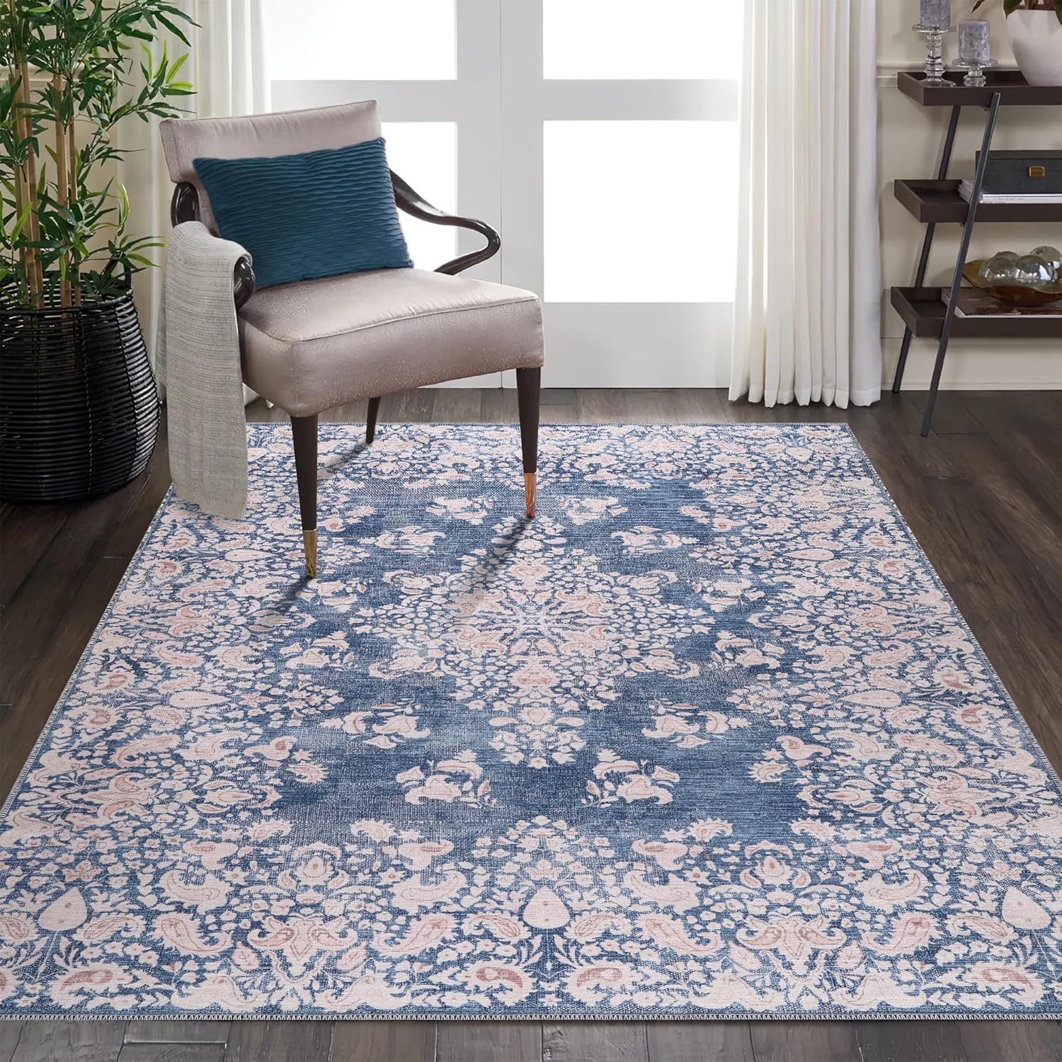 Machine Washable Area Rug for Living Room, Bedroom & Kitchen - Non Slip – 4 mm Low Pile Carpet - Vintage Rug - Pet Friendly & Kid Friendly Rugs (BLUE, 80X150)