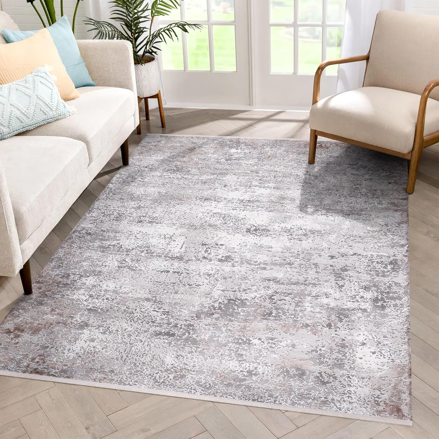 Luxe Area Rug for Living Room | Soft 8mm Pile, High-Density Wilton Woven Carpet | Fade Resistant, Luxury Geometric & Distressed Design for Bedroom, Hallway & Kitchen (ASH GRAY, 80X150)