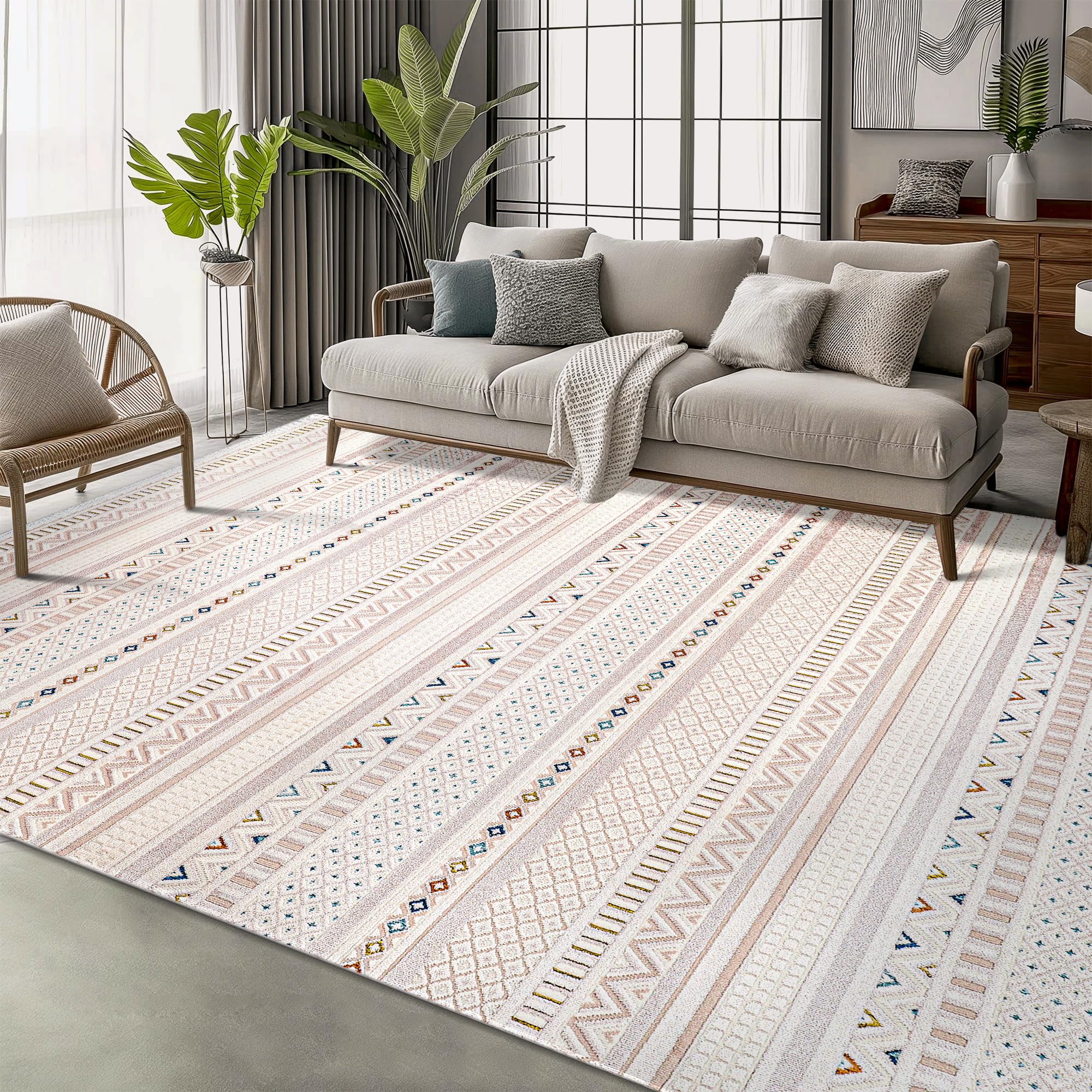 Area Rug for Living Room, Bedroom, Kitchen & Hallway – Low Pile Carpet – Bohemian, Contemporary, Scandinavian Style – Soft & Durable Beige, Gray, Blue Ivory Rug (BEIGE - BLUE, 200X290)