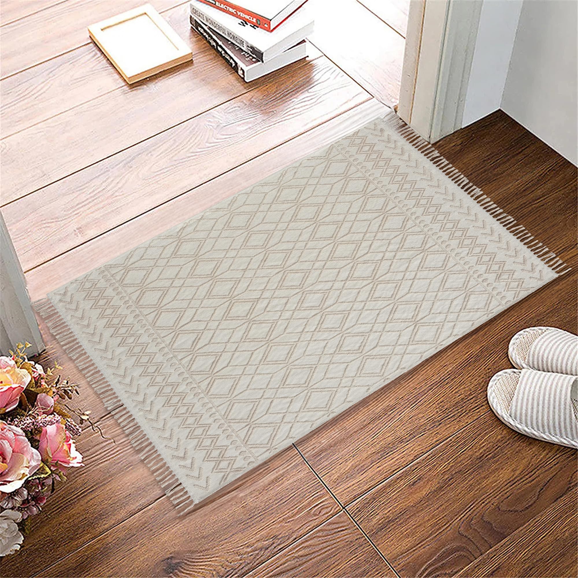 NETLINE HOME Machine Washable Area Rugs For Kitchen, Bedroom, Dining Room and Living Room | Kid Pet Friendly Rug | 100% Cotton | Low Pile | Non Slip (Beige, 160X230 CM)