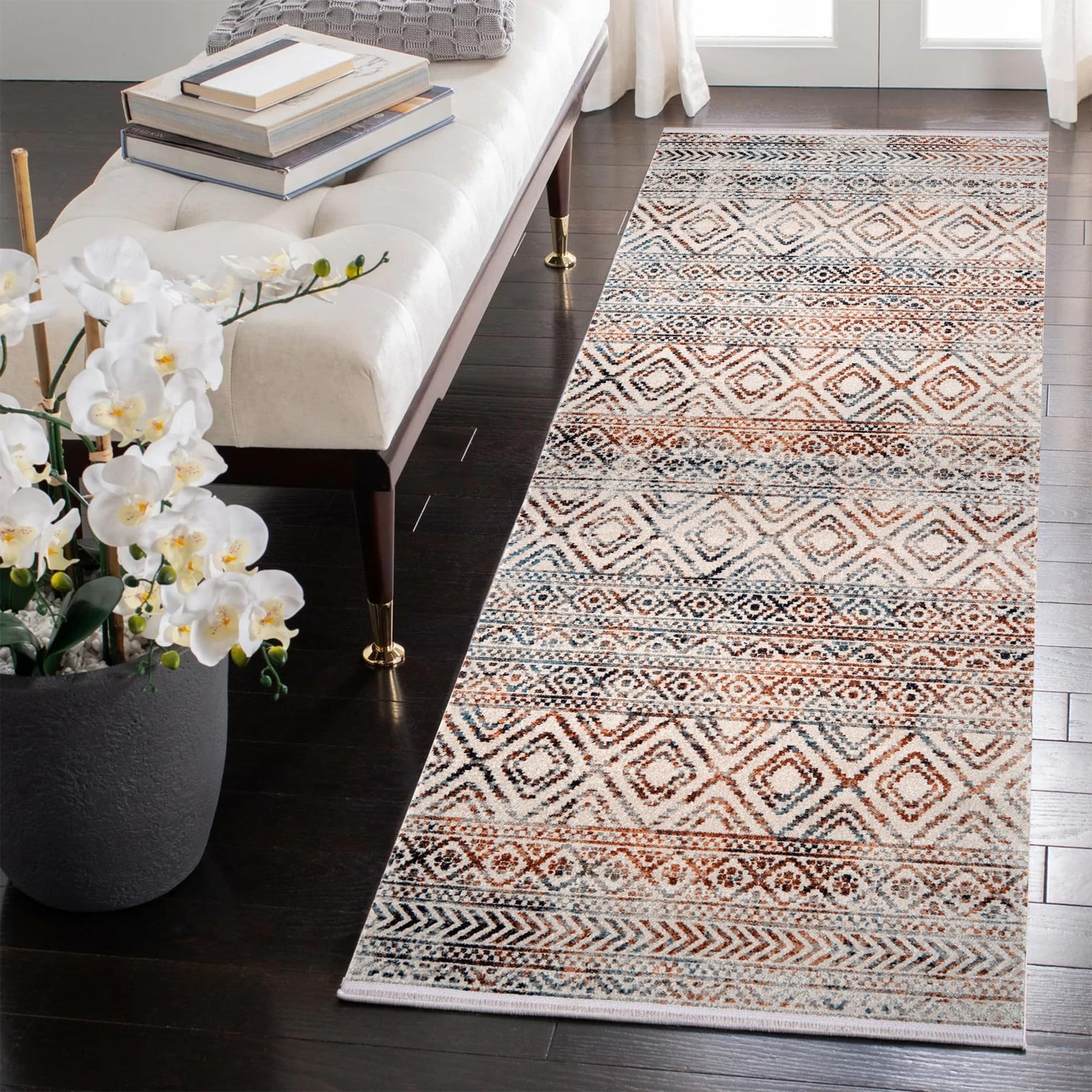 Cream and blue oriental style rug by Netline Home, soft medium pile, stain-resistant vintage rug suitable for living, bedroom, or dining room.