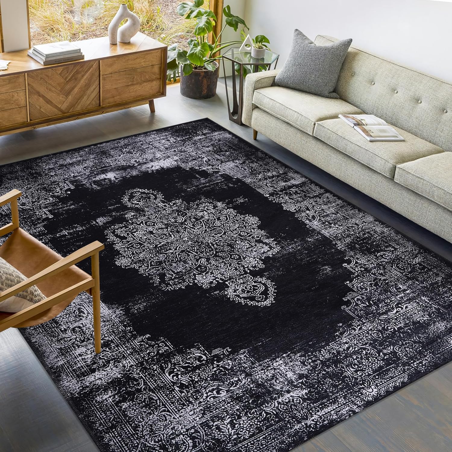 Netline Home Rugs Depot Kilim Black and Gray Medallion Washable Rug Design 1319