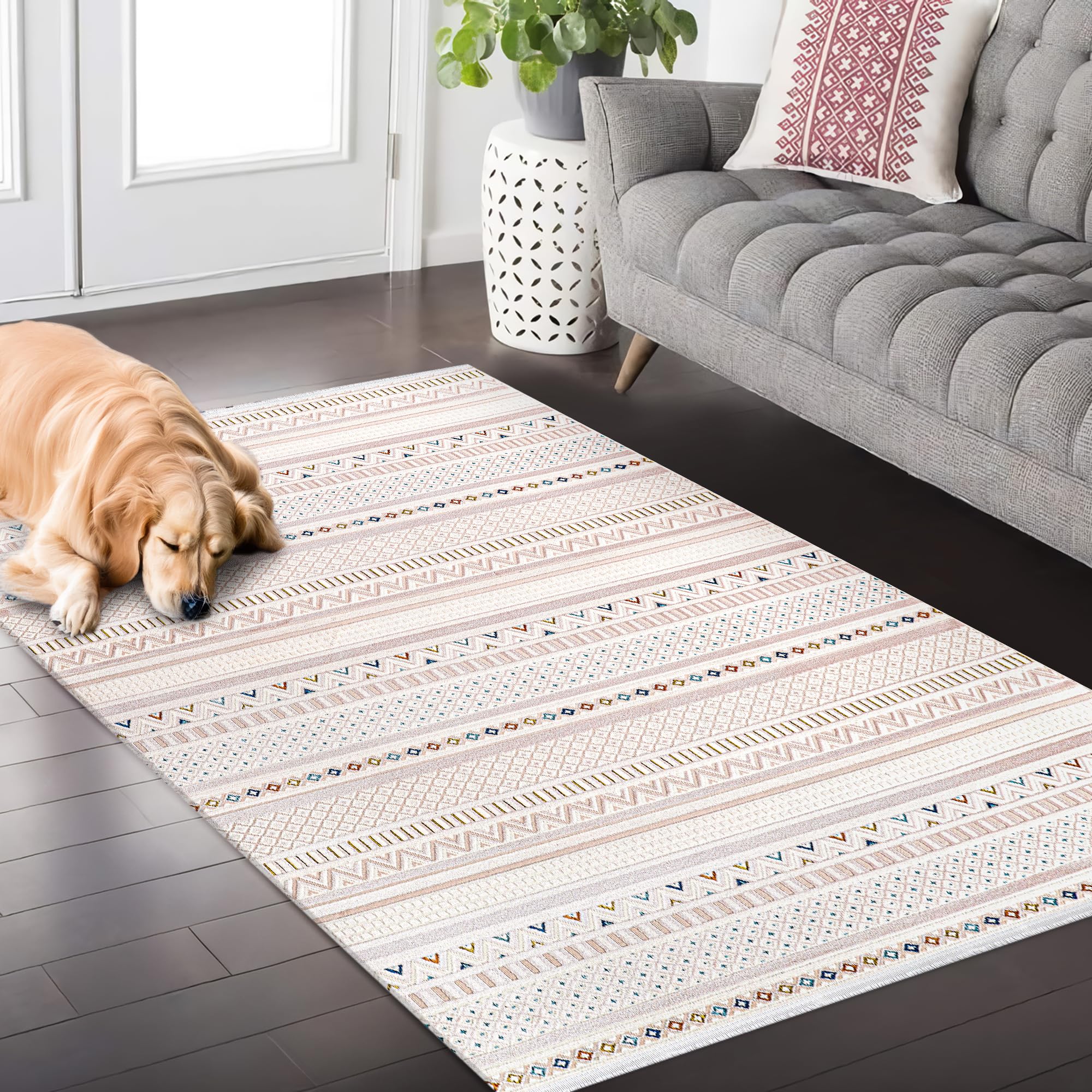 Area Rug for Living Room, Bedroom, Kitchen & Hallway – Low Pile Carpet – Bohemian, Contemporary, Scandinavian Style – Soft & Durable Beige, Gray, Blue Ivory Rug (BEIGE - BLUE, 200X290)