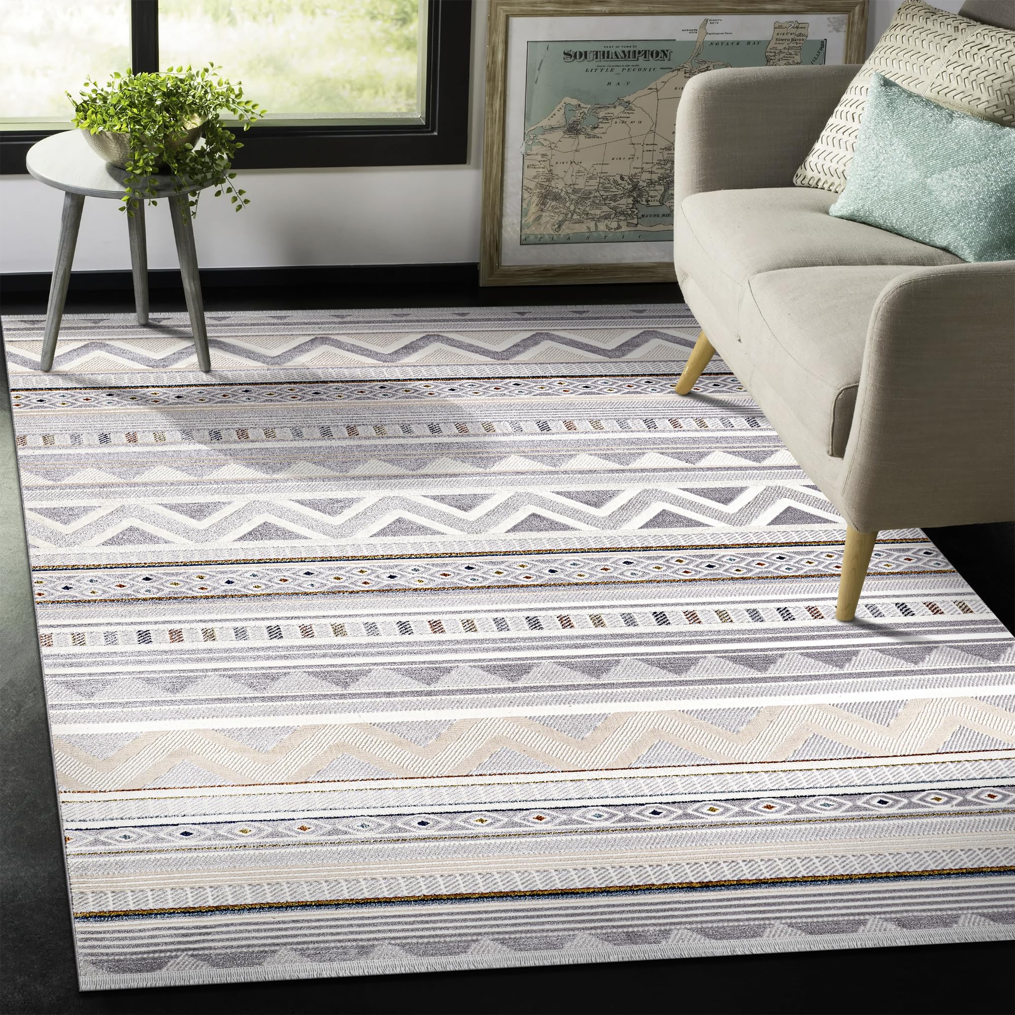 Area Rug for Living Room, Bedroom, Kitchen & Hallway – Low Pile Carpet – Bohemian, Contemporary, Scandinavian Style – Soft & Durable Beige, Gray, Blue Ivory Rug (BEIGE - BLUE, 200X290)