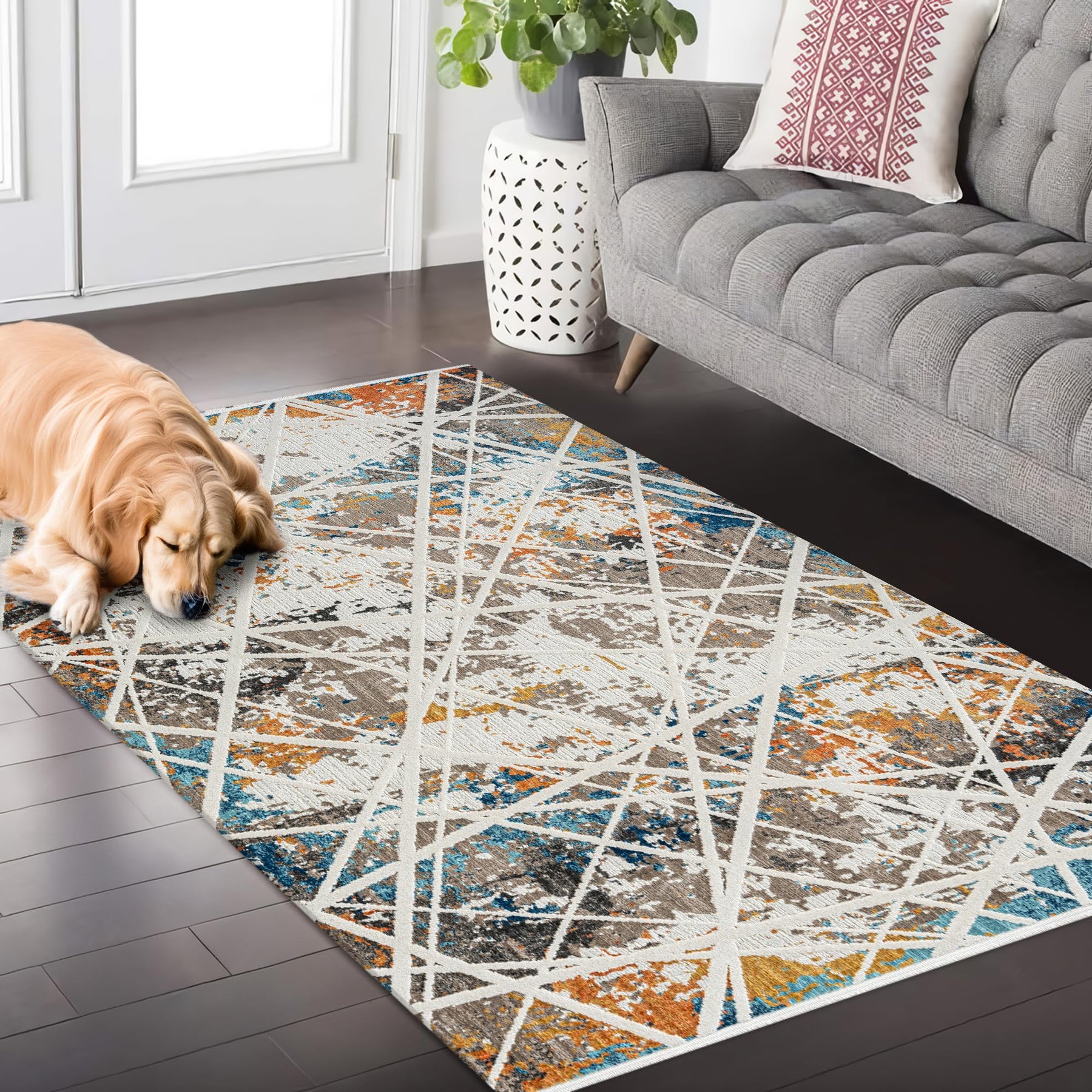 Light beige Netline Home runner rug for living room, soft micro polyester, low pile, non-shedding, modern large carpet for hallway or bedroom.
