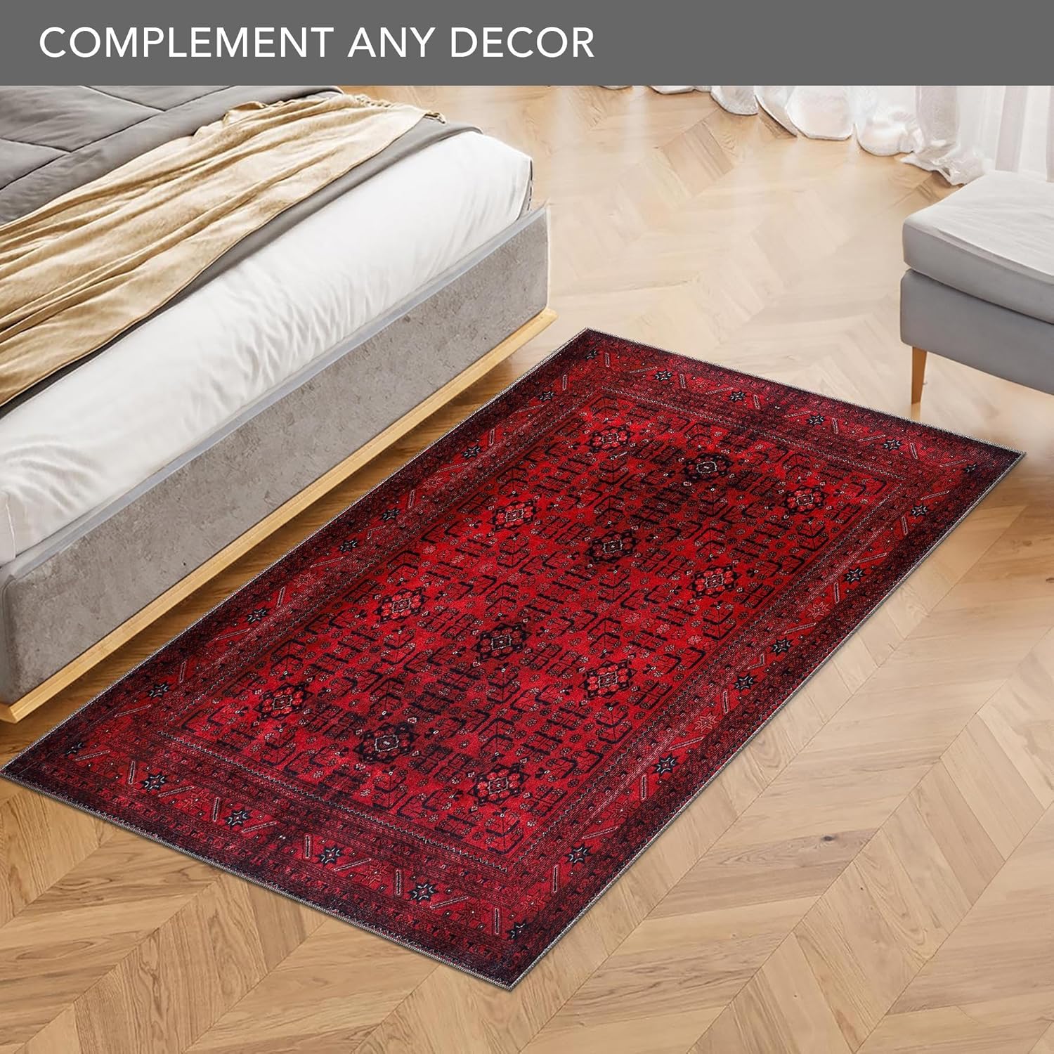 Rugs Living Room - Washable Rug - Area Rug - Non-Slip Rugs Carpet Woven from Cotton - Vintage Rug for Living Room Bedroom Kitchen - Kid and Pet Friendly (RED RUG, 80X150 CM)