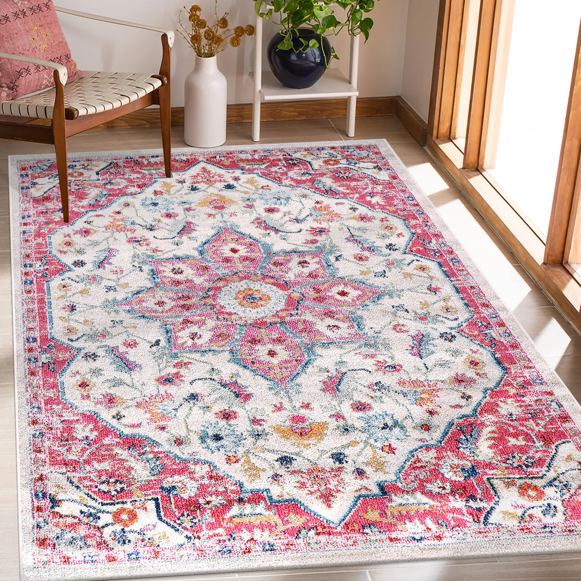 NETLINE HOME Area Rugs For Living Room, Bedroom, Kitchen, Dining Room | Oriental Design Carpet | Soft Medium Pile | Traditional Vintage Rug | Stain Resistant (Pink Cream, 160X230 CM)