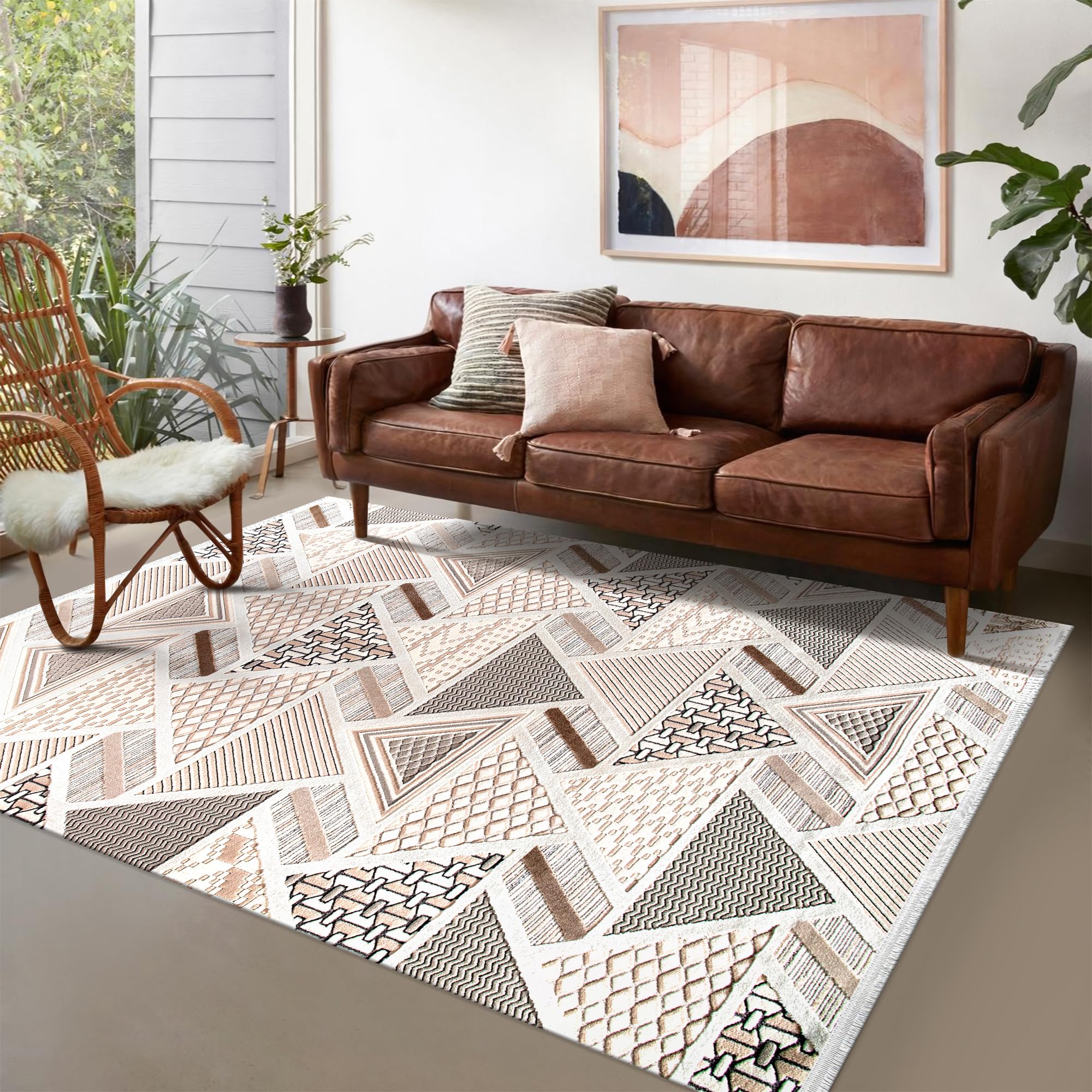 Area Rug for Living Room – Soft & Durable Carpet for Bedroom, Kitchen & Hallway – Easy to Clean, Pet & Kid Friendly Geometric Beige & Cream Rug (CREAM 2, 160X230)