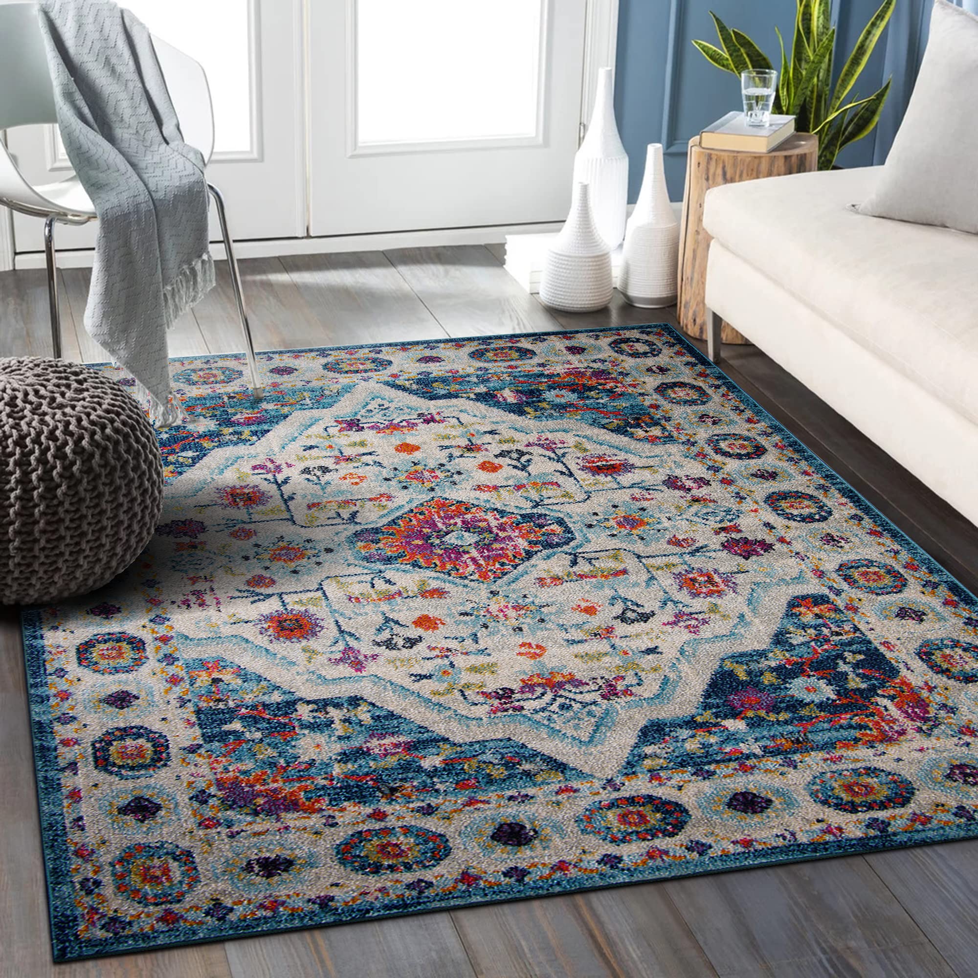 Area Rugs For Living Room, Bedroom, Kitchen, Dining Room | Oriental Design Carpet | Soft Medium Pile | Traditional Vintage Rug | Stain Resistant (Cream Blue, 160X230 CM)