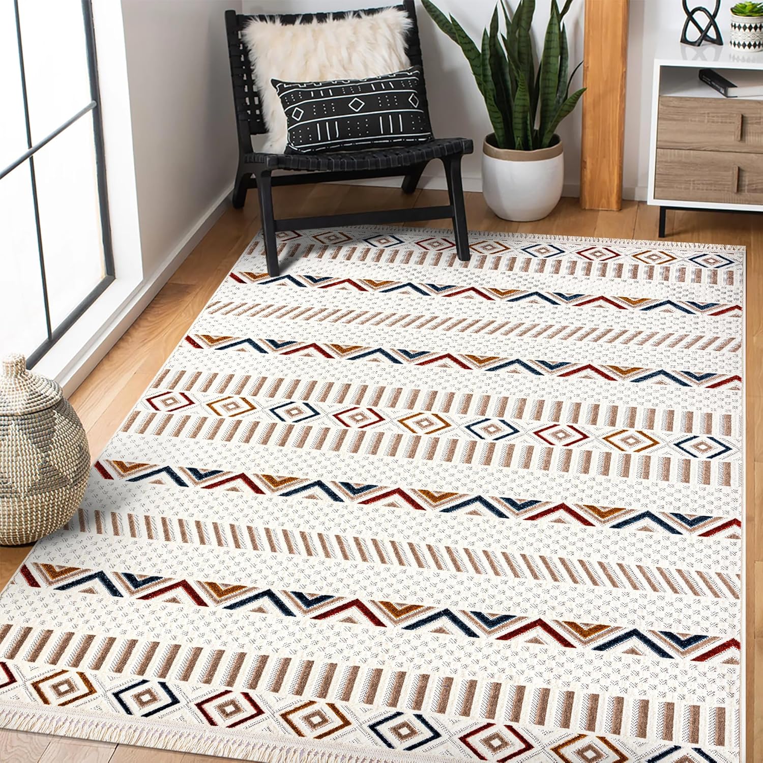 Area Rug for Living Room, Bedroom & Hallway – Soft & Durable Low Pile Area Rugs – Bohemian, Aztec & Boho Style – Pet & Kid-Friendly, Ideal for High-Traffic Areas (BEIGE, 120X180)