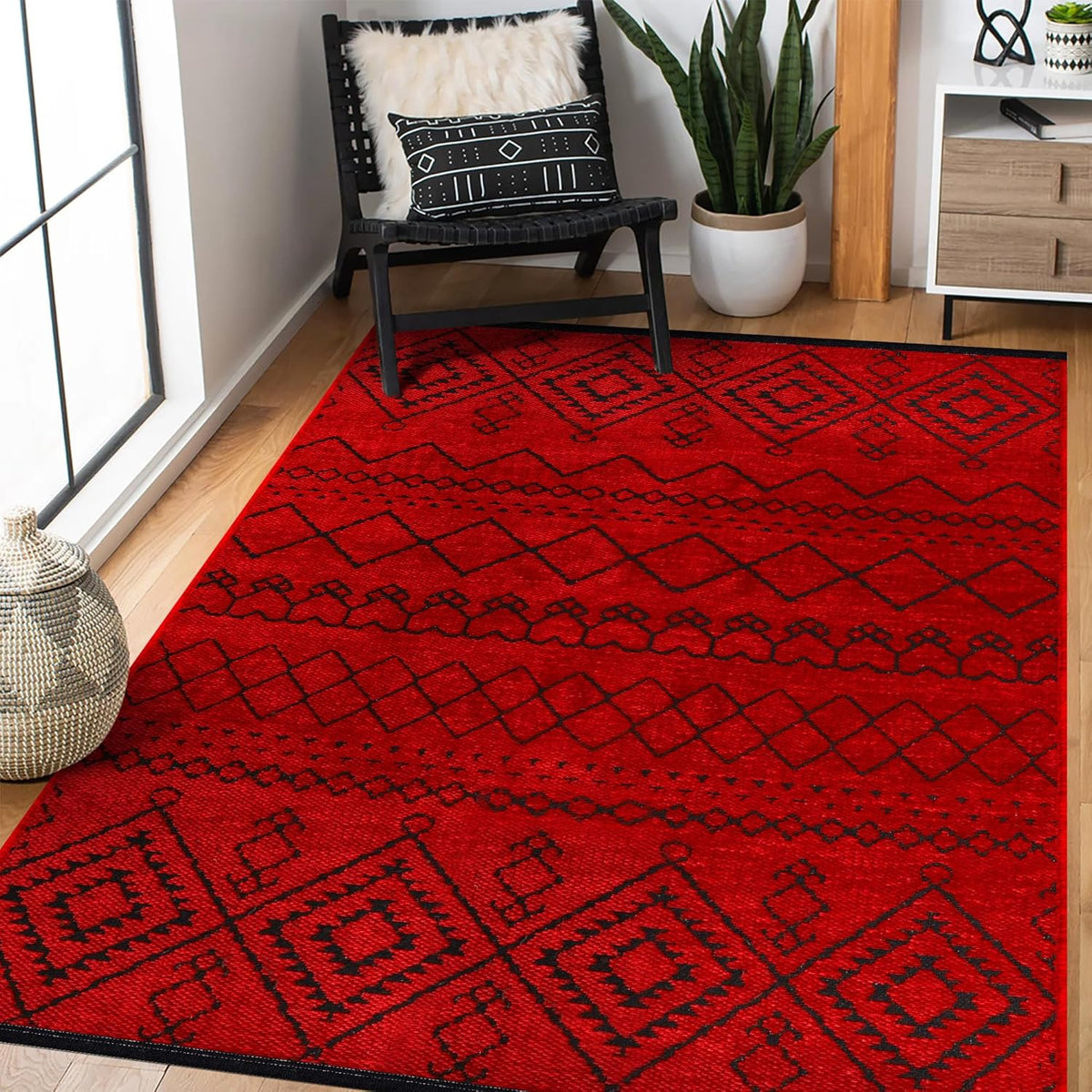 Red machine washable runner rug by Netline Home, low pile non-slip area rug for living room, bedroom, or kitchen with pet-friendly design