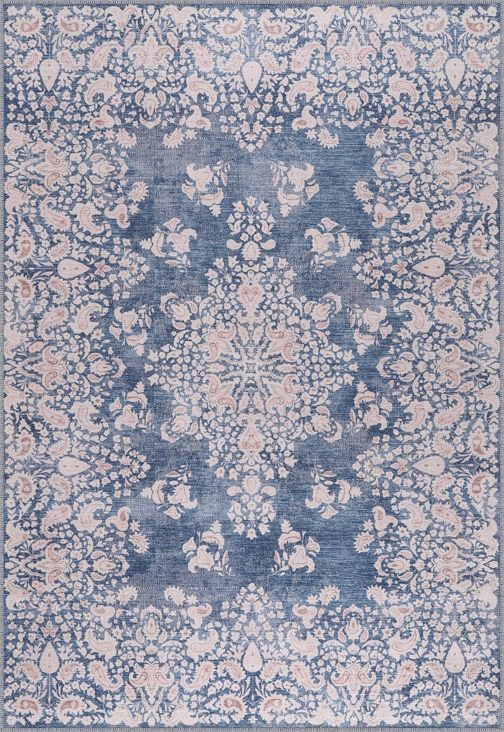 Blue machine washable runner rug by Netline Home with non-slip backing, 4mm low pile, suitable for living rooms, bedrooms, and kitchens.